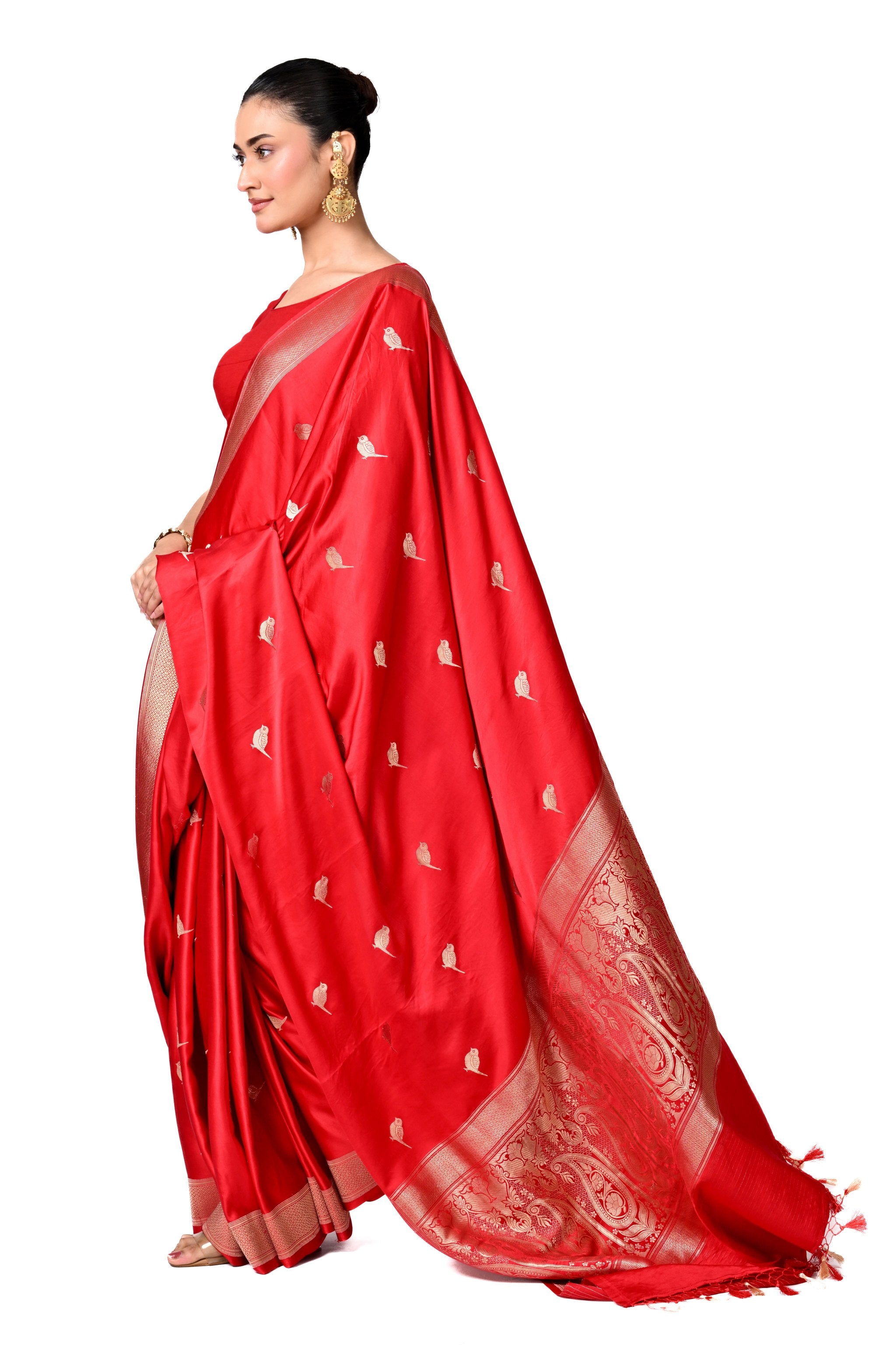 Red Silk Saree with Silver Buti & Zari Border