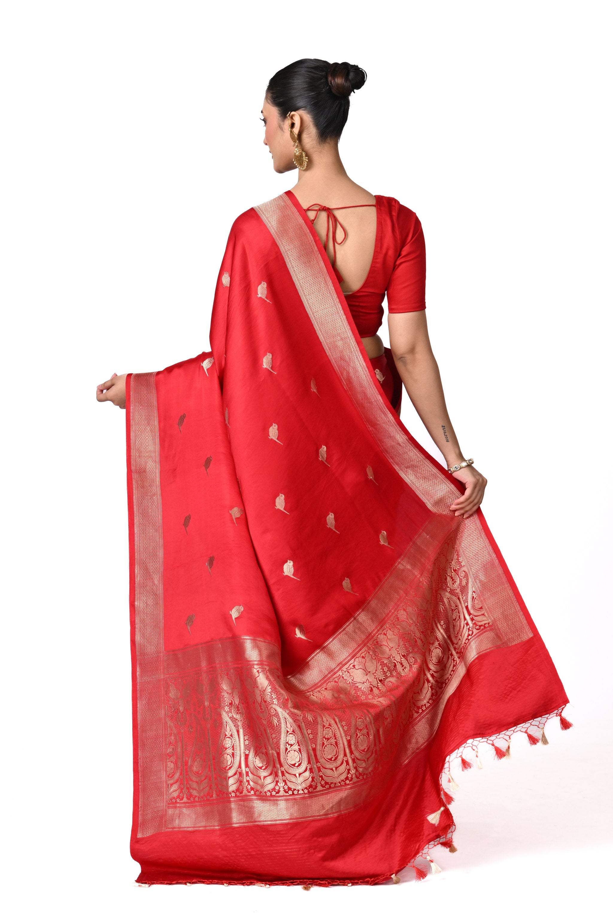 Red Silk Saree with Silver Buti & Zari Border