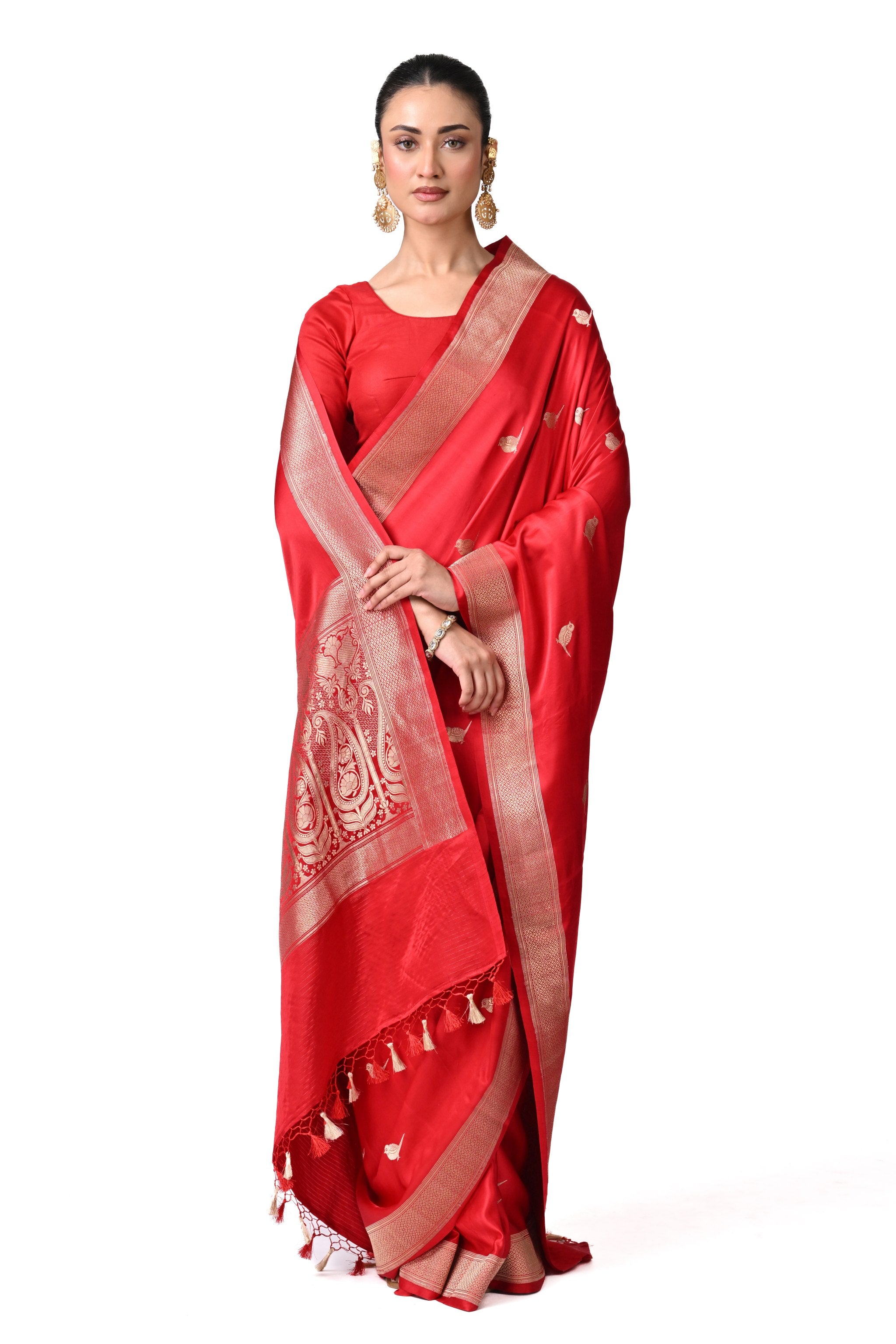 Red Silk Saree with Silver Buti & Zari Border