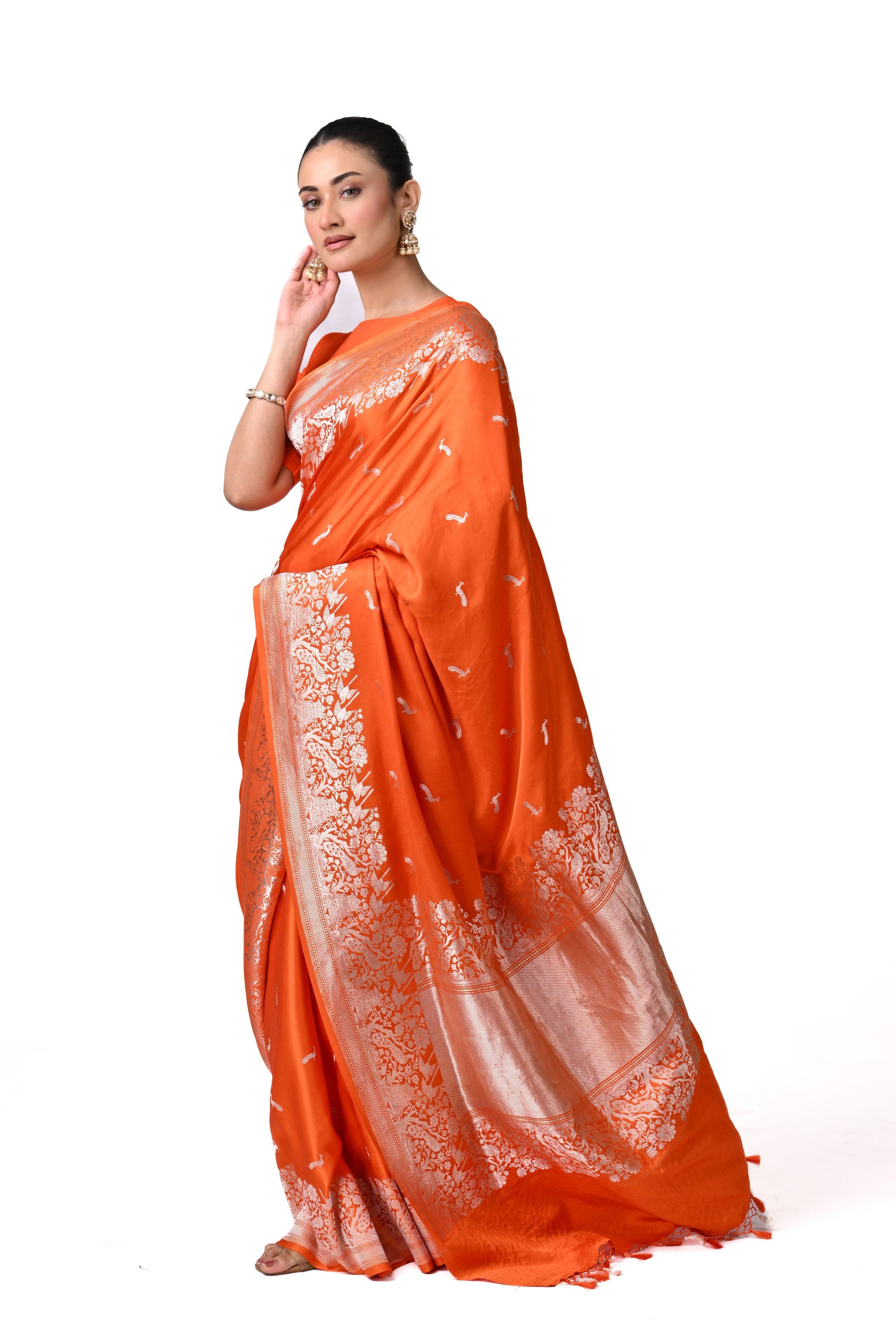 Silk Saree with Peacock Motif & Silver Zari