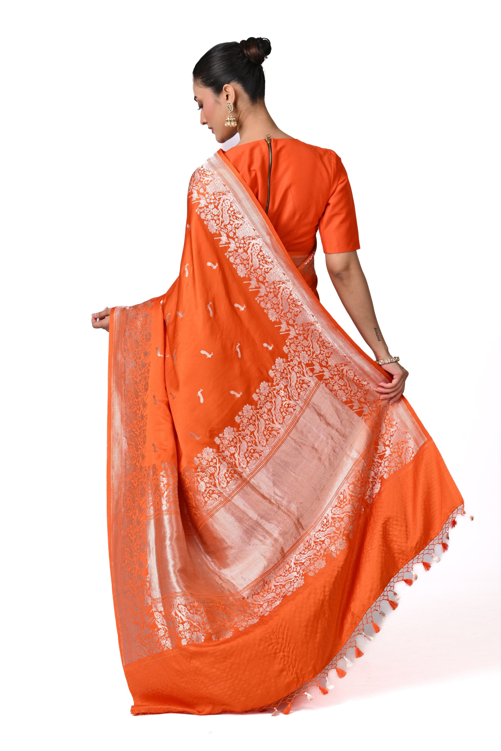 Silk Saree with Peacock Motif & Silver Zari
