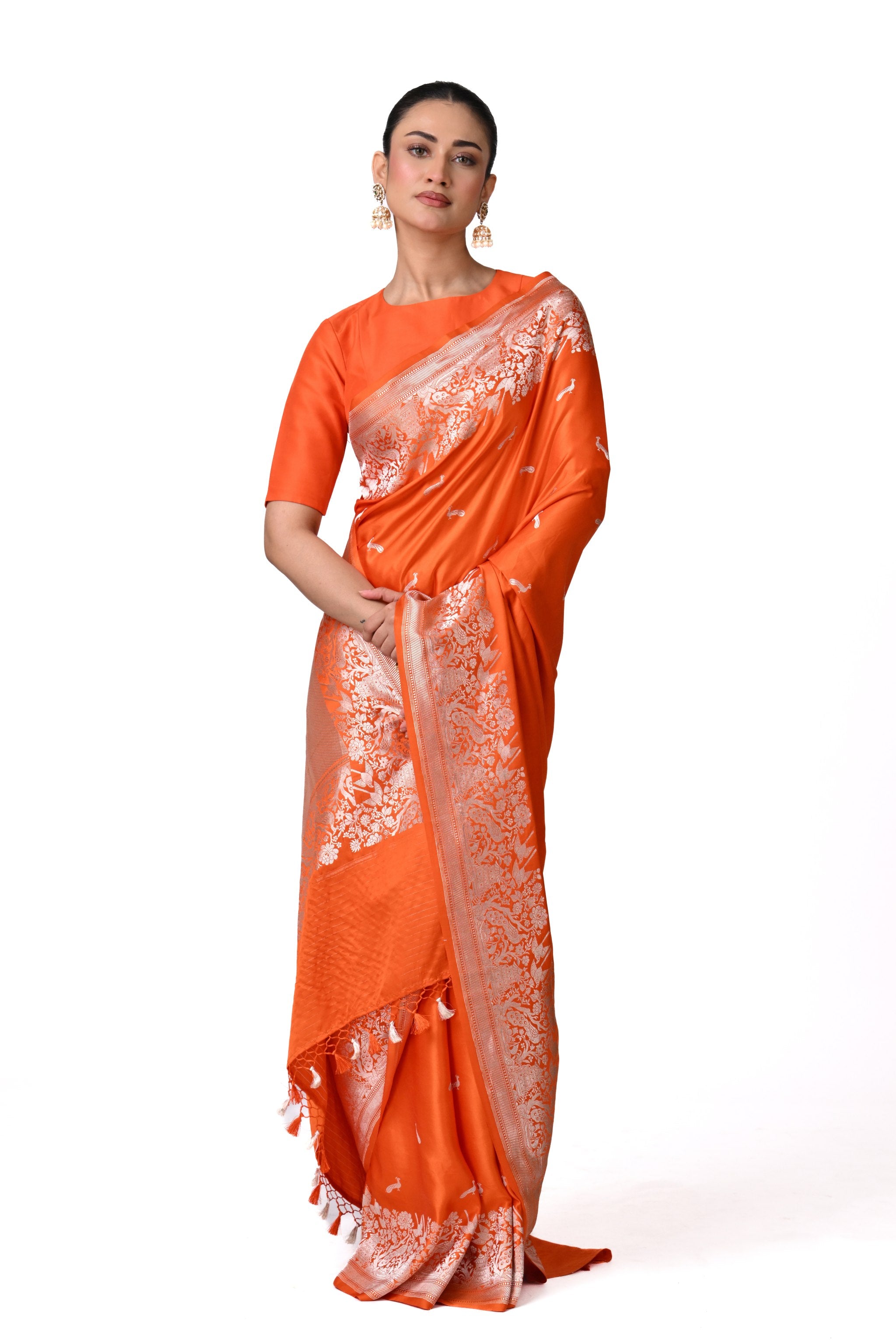 Silk Saree with Peacock Motif & Silver Zari