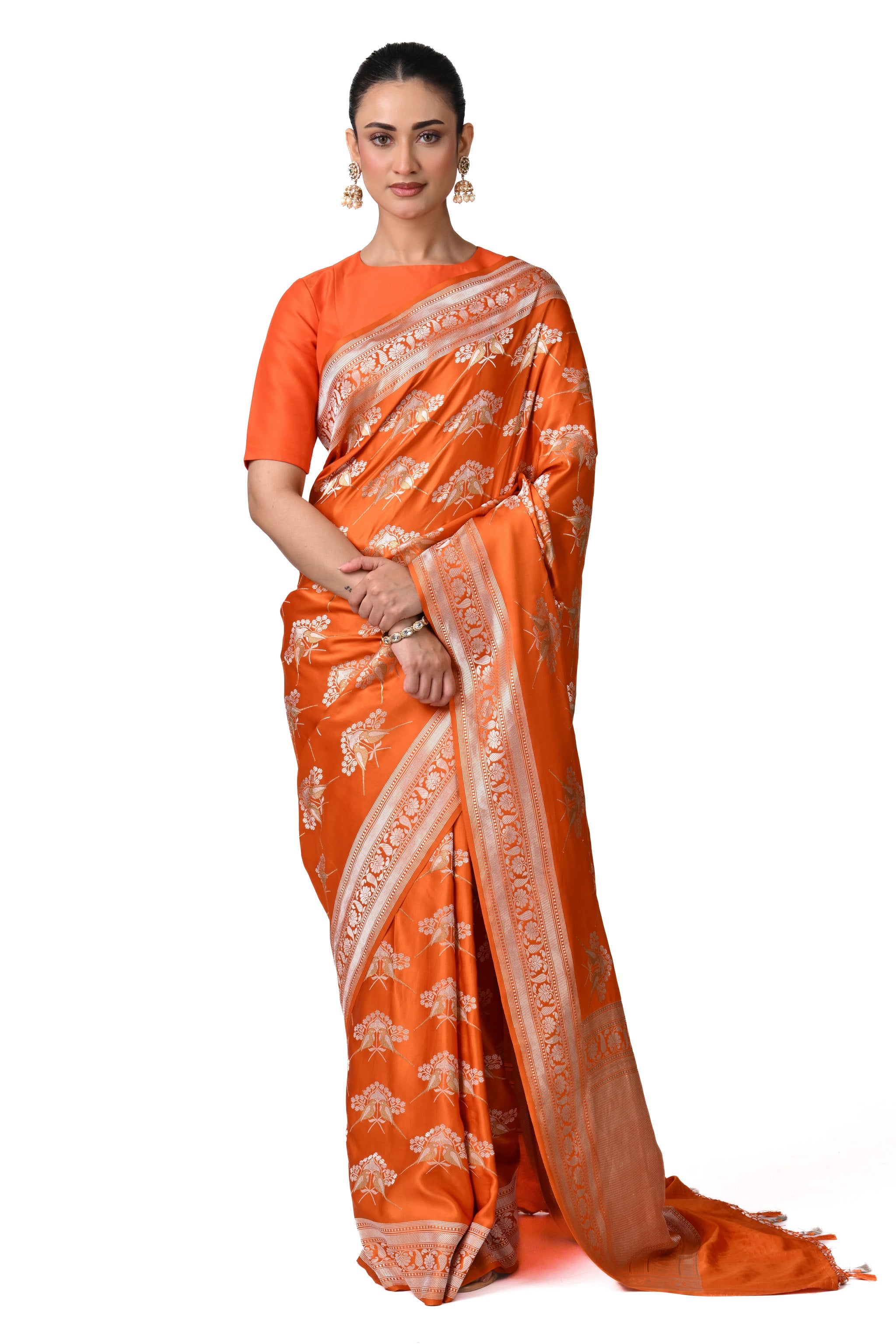 Bird Motif Orange Gajji Silk Saree