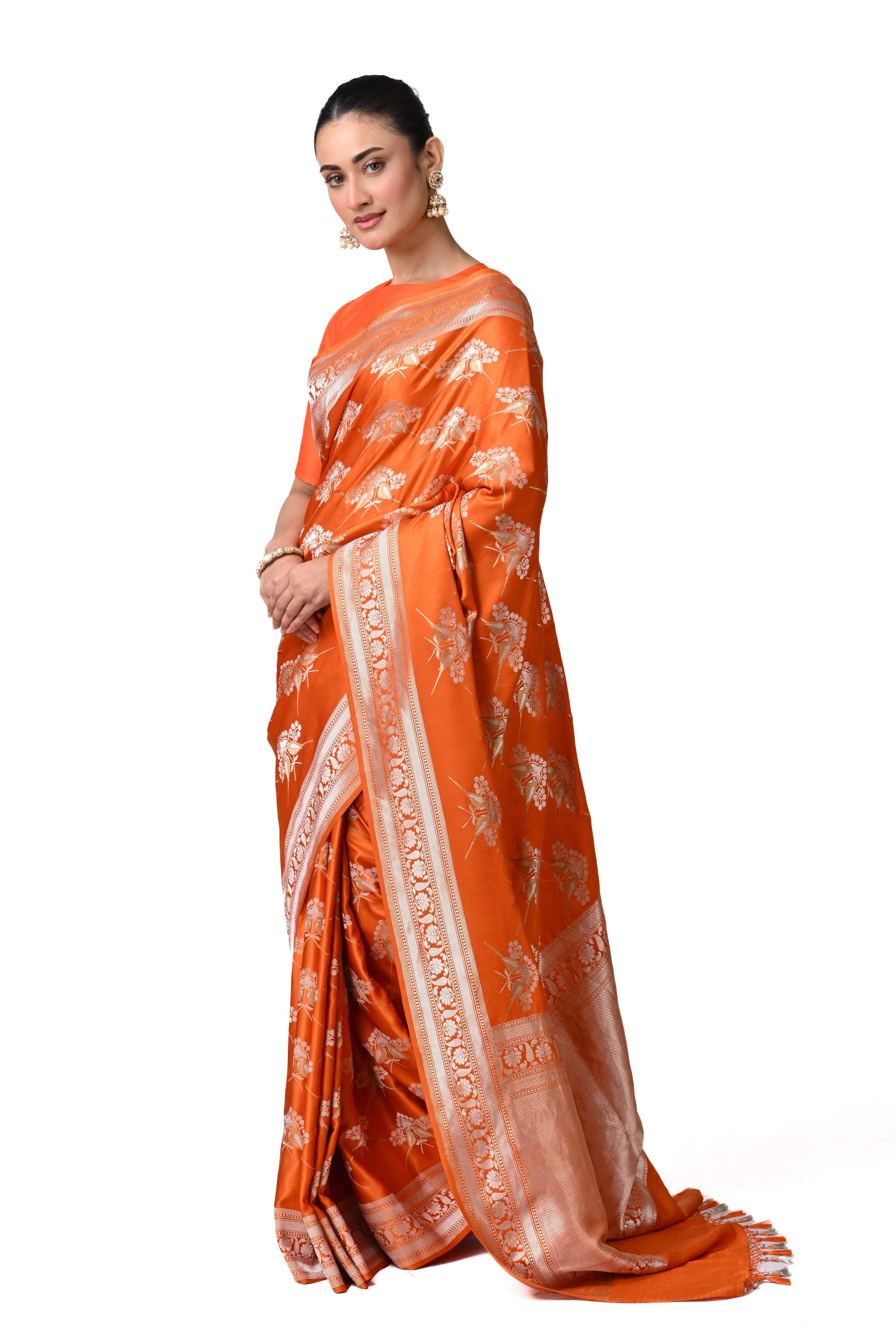 Bird Motif Orange Gajji Silk Saree