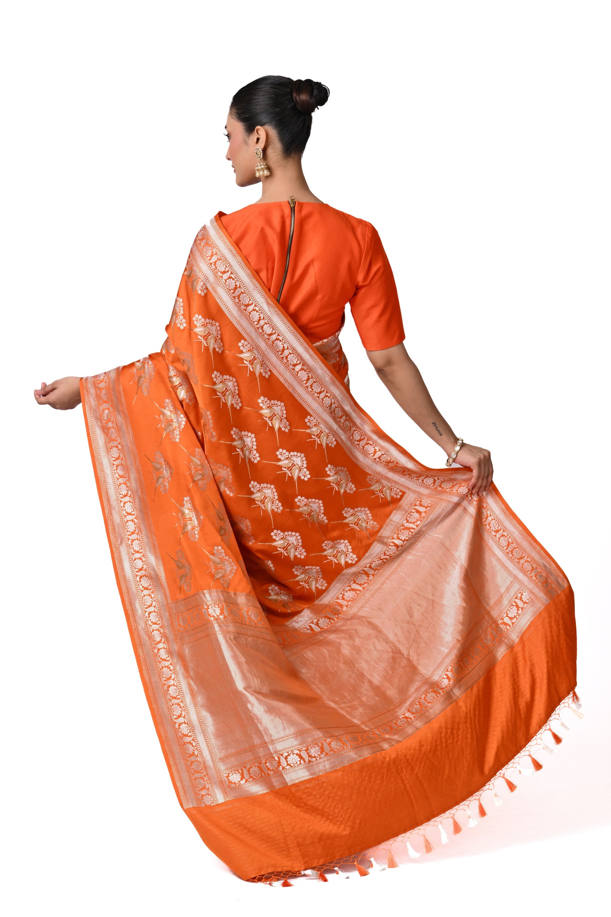 Bird Motif Orange Gajji Silk Saree