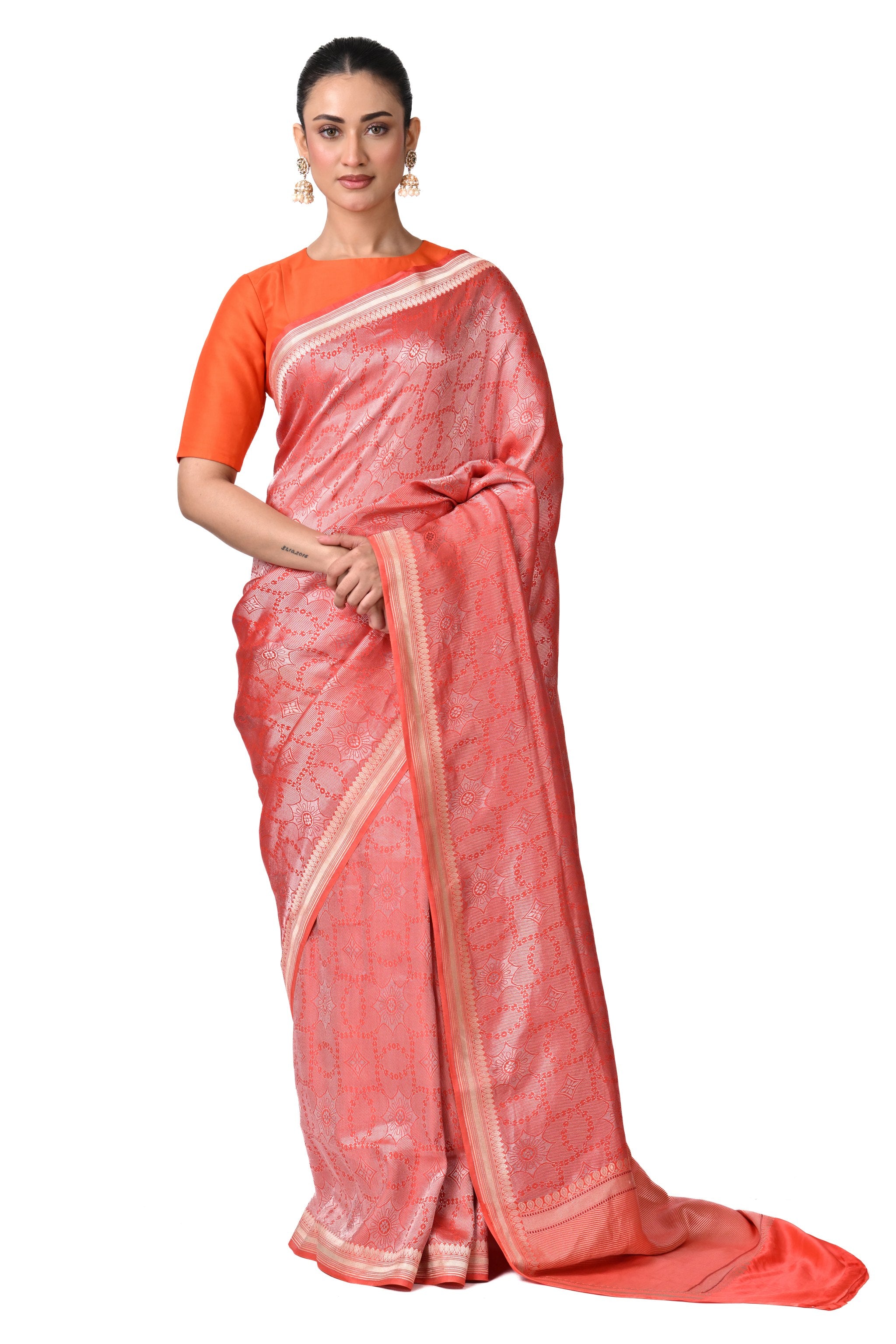 Coral Orange Texture Brocade Saree