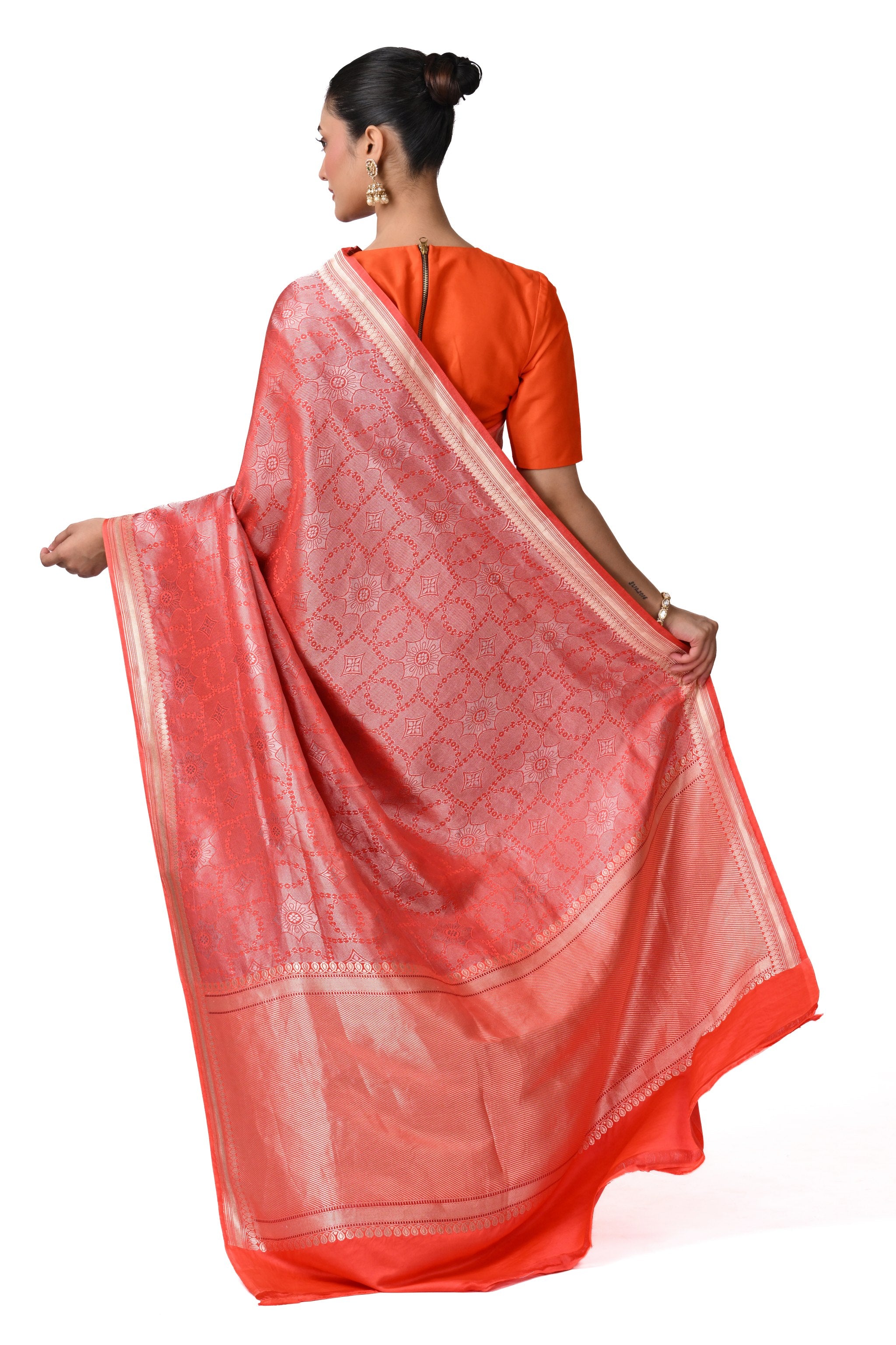 Coral Orange Texture Brocade Saree