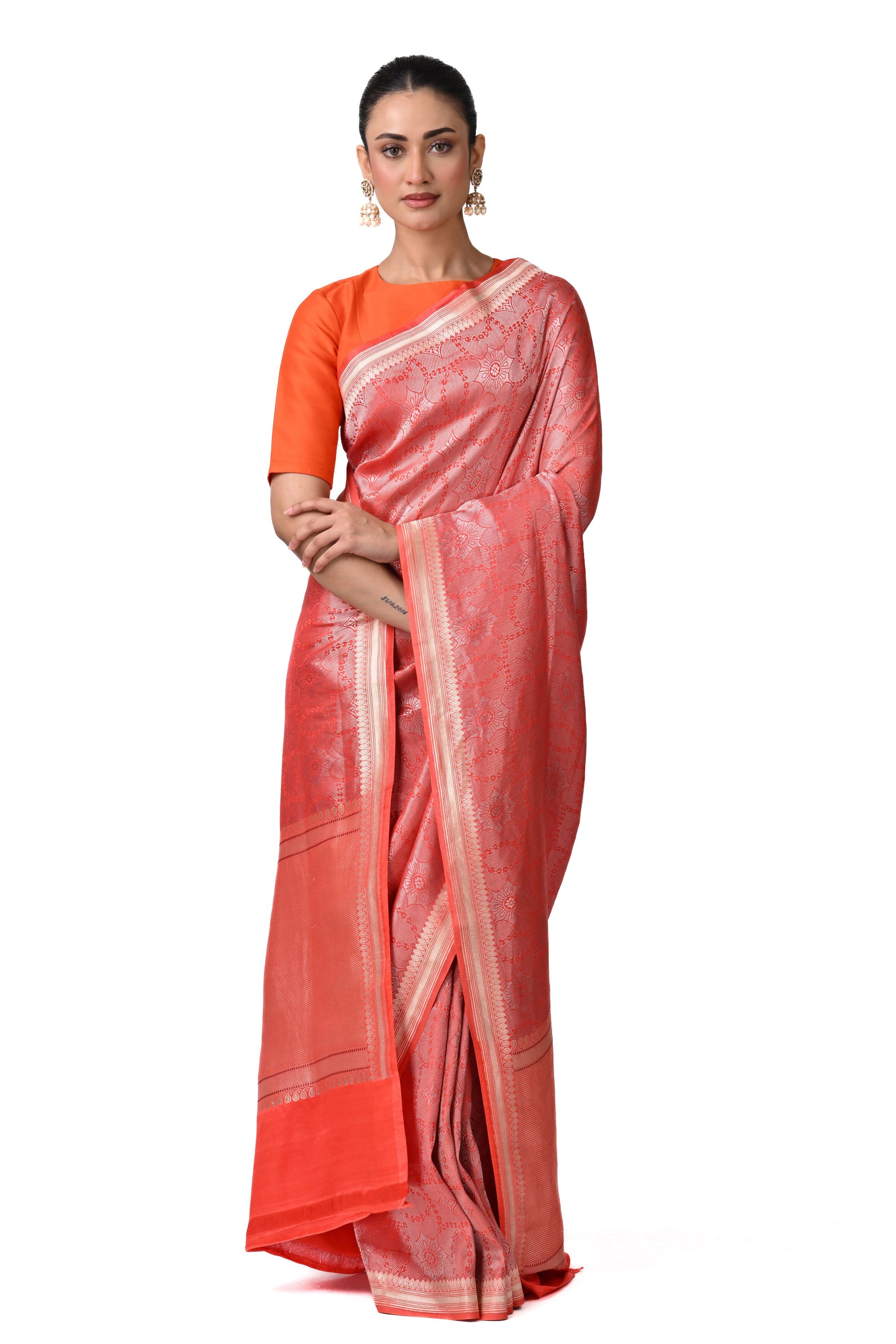 Coral Orange Texture Brocade Saree
