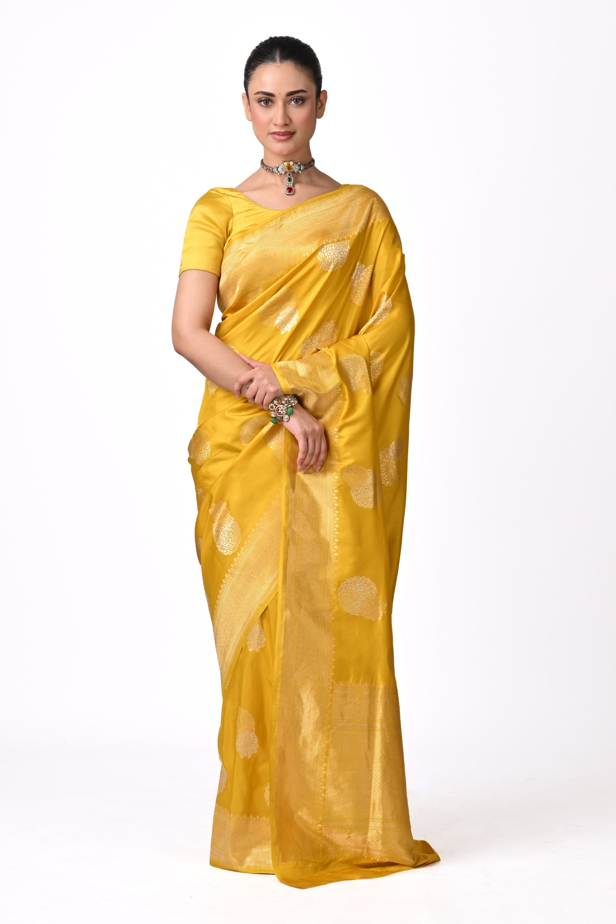 Yellow Pure Katan Silk Banaras Saree with Butis