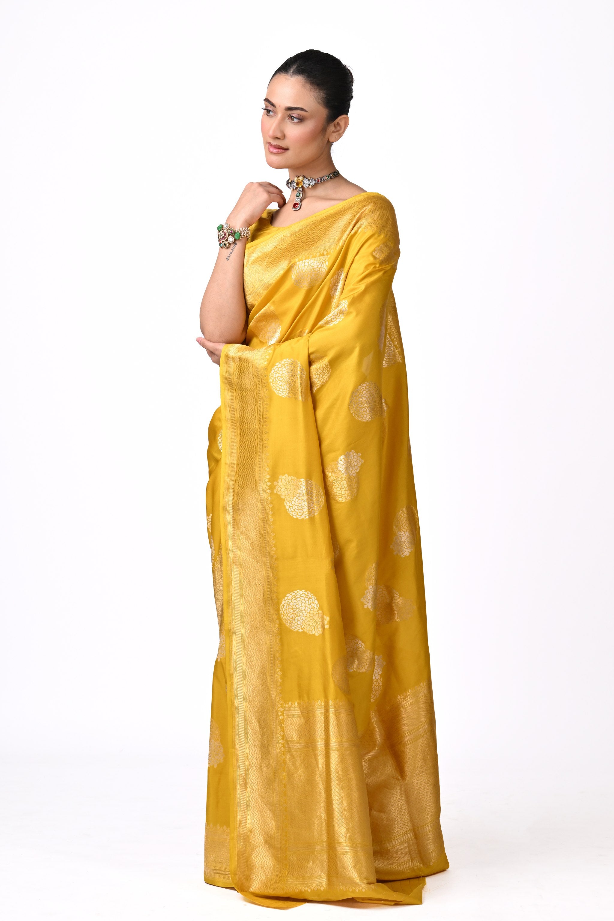 Yellow Pure Katan Silk Banaras Saree with Butis