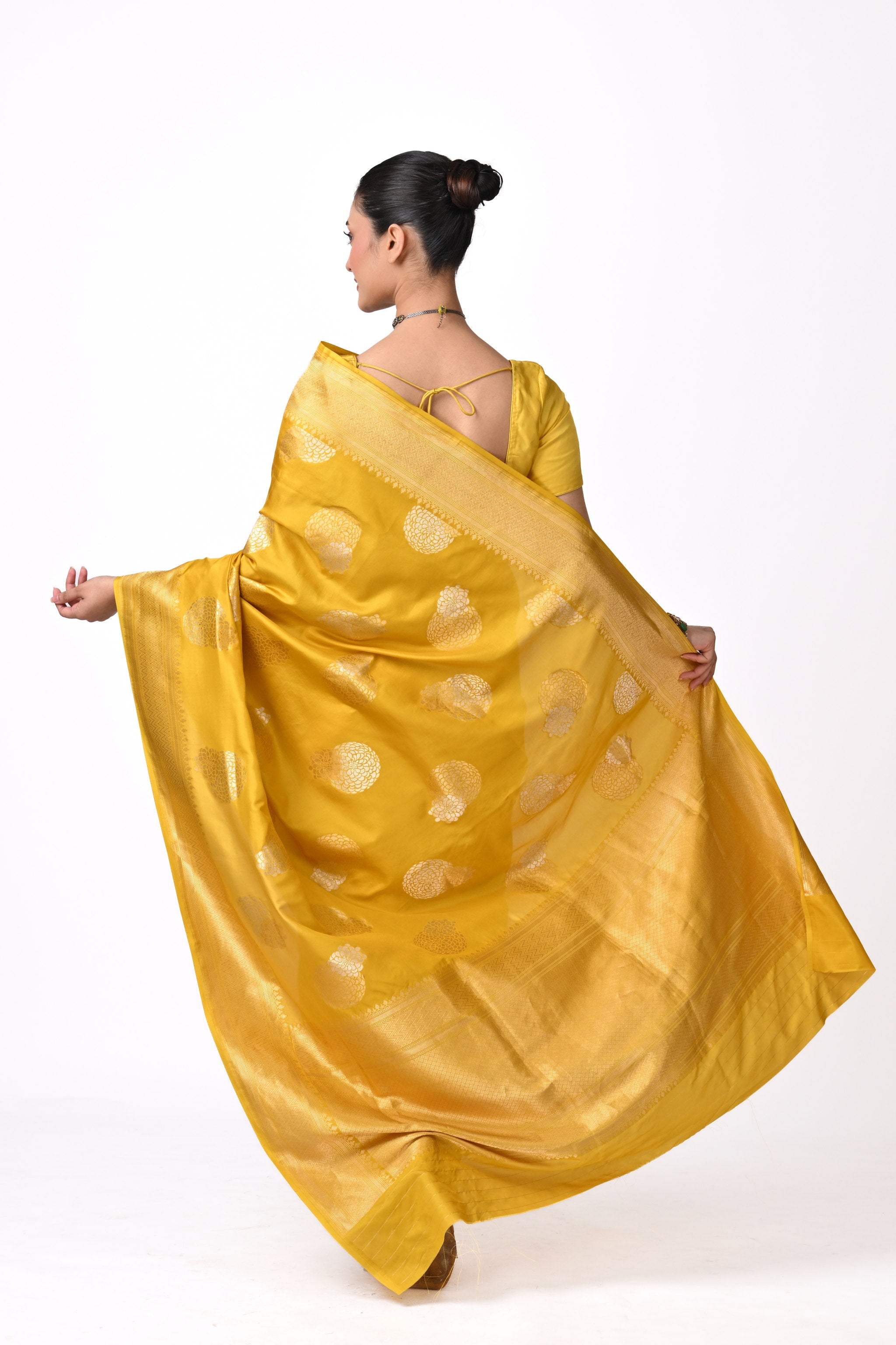 Yellow Pure Katan Silk Banaras Saree with Butis