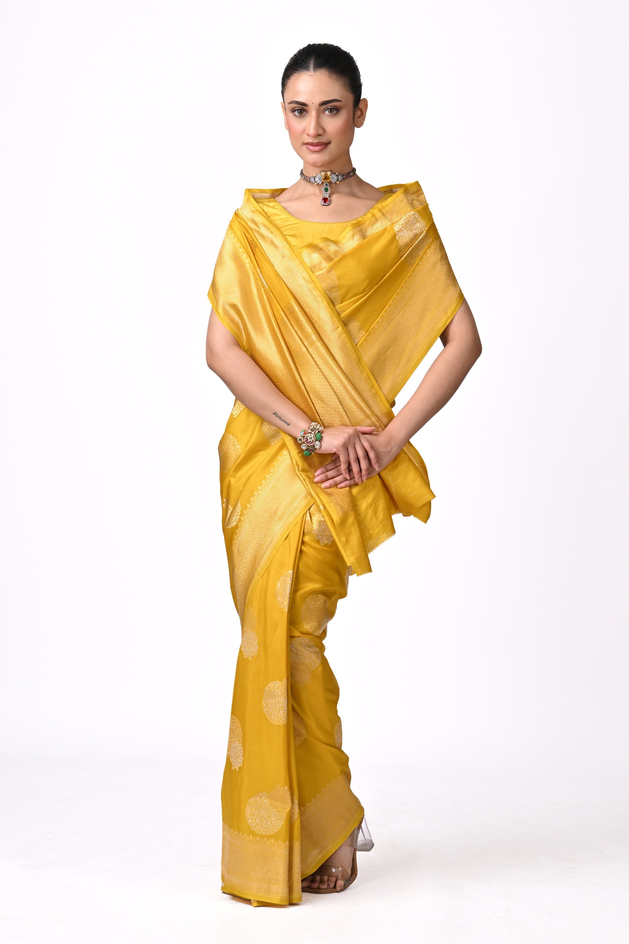 Yellow Pure Katan Silk Banaras Saree with Butis