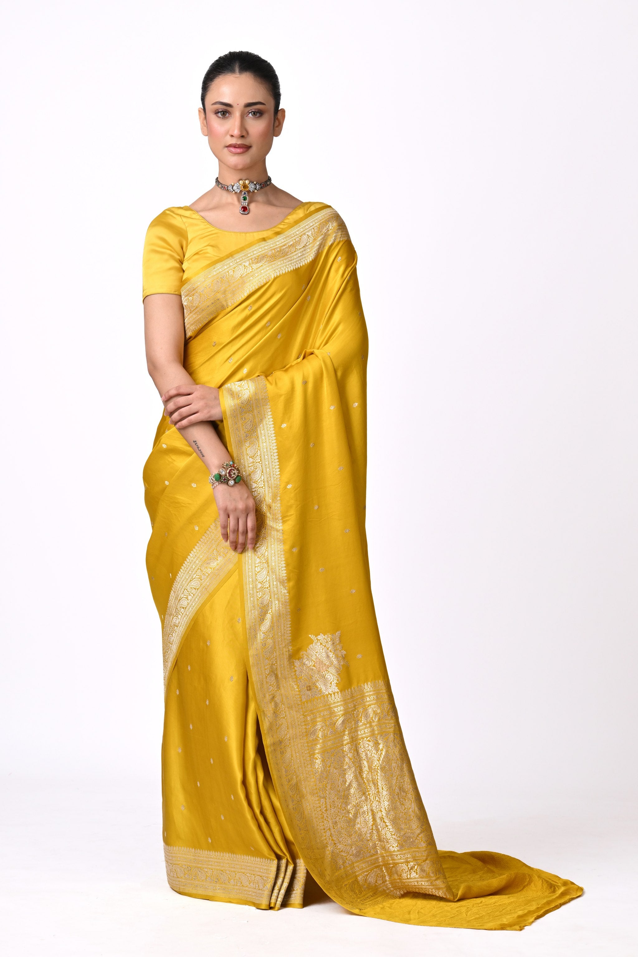 Yellow Pure Katan Silk  Saree with Floral Motifs