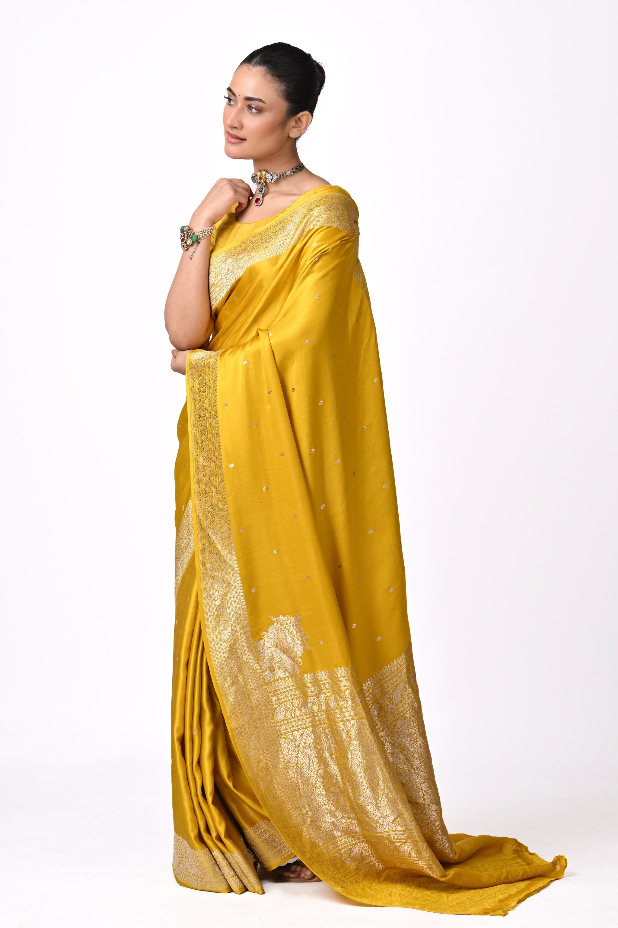 Yellow Pure Katan Silk  Saree with Floral Motifs