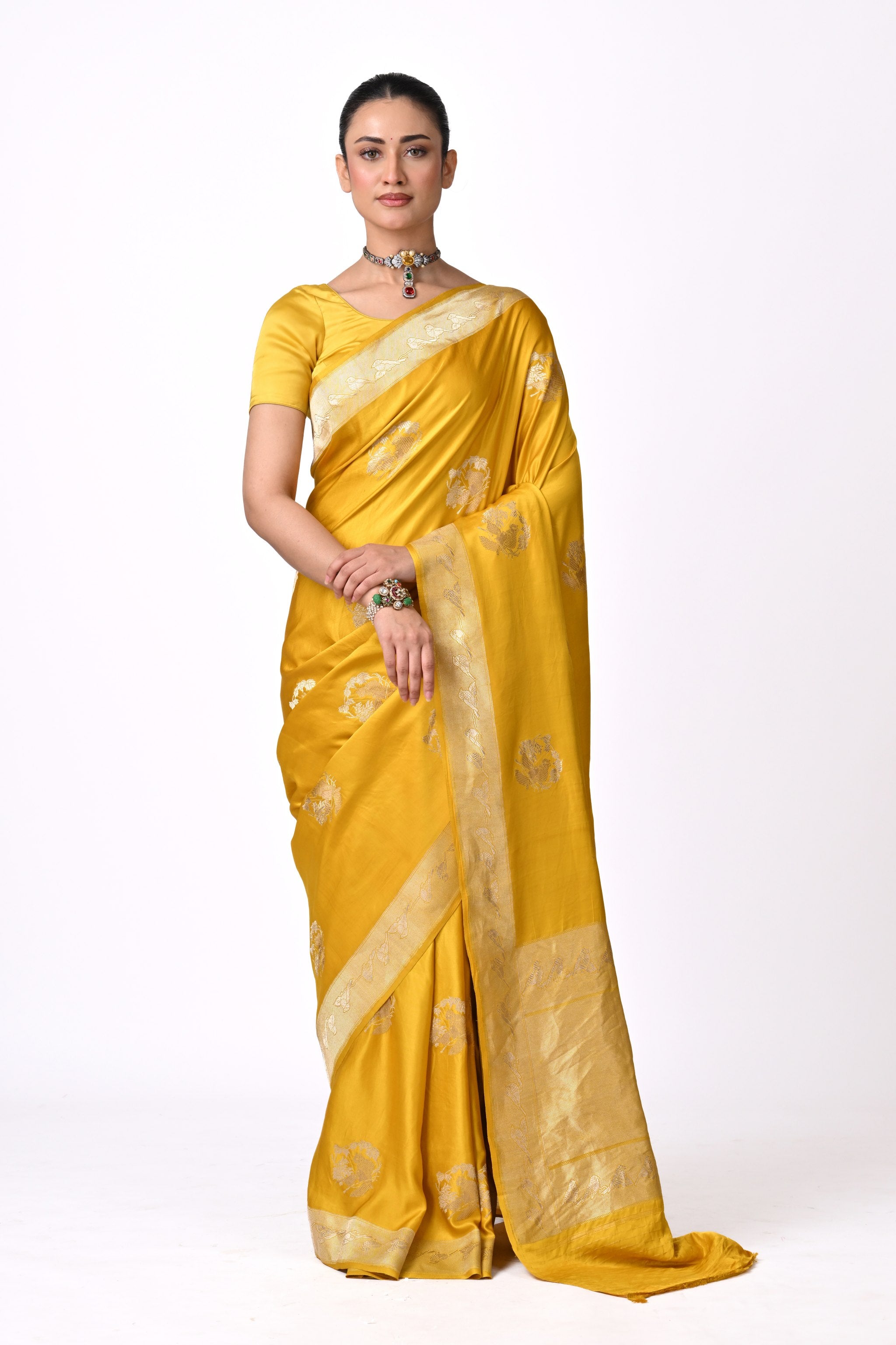 Yellow Pure Katan Silk  Saree with Medallion Motif