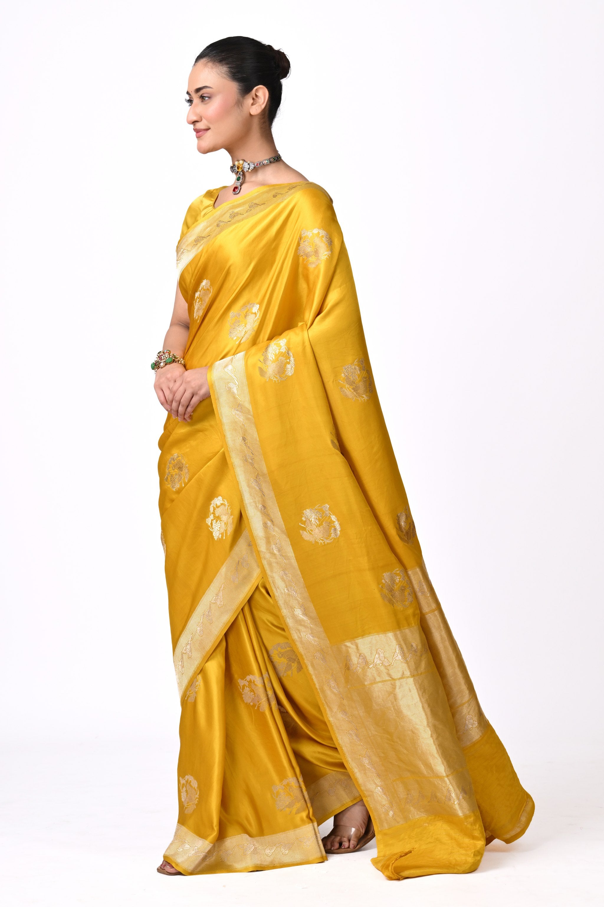 Yellow Pure Katan Silk  Saree with Medallion Motif