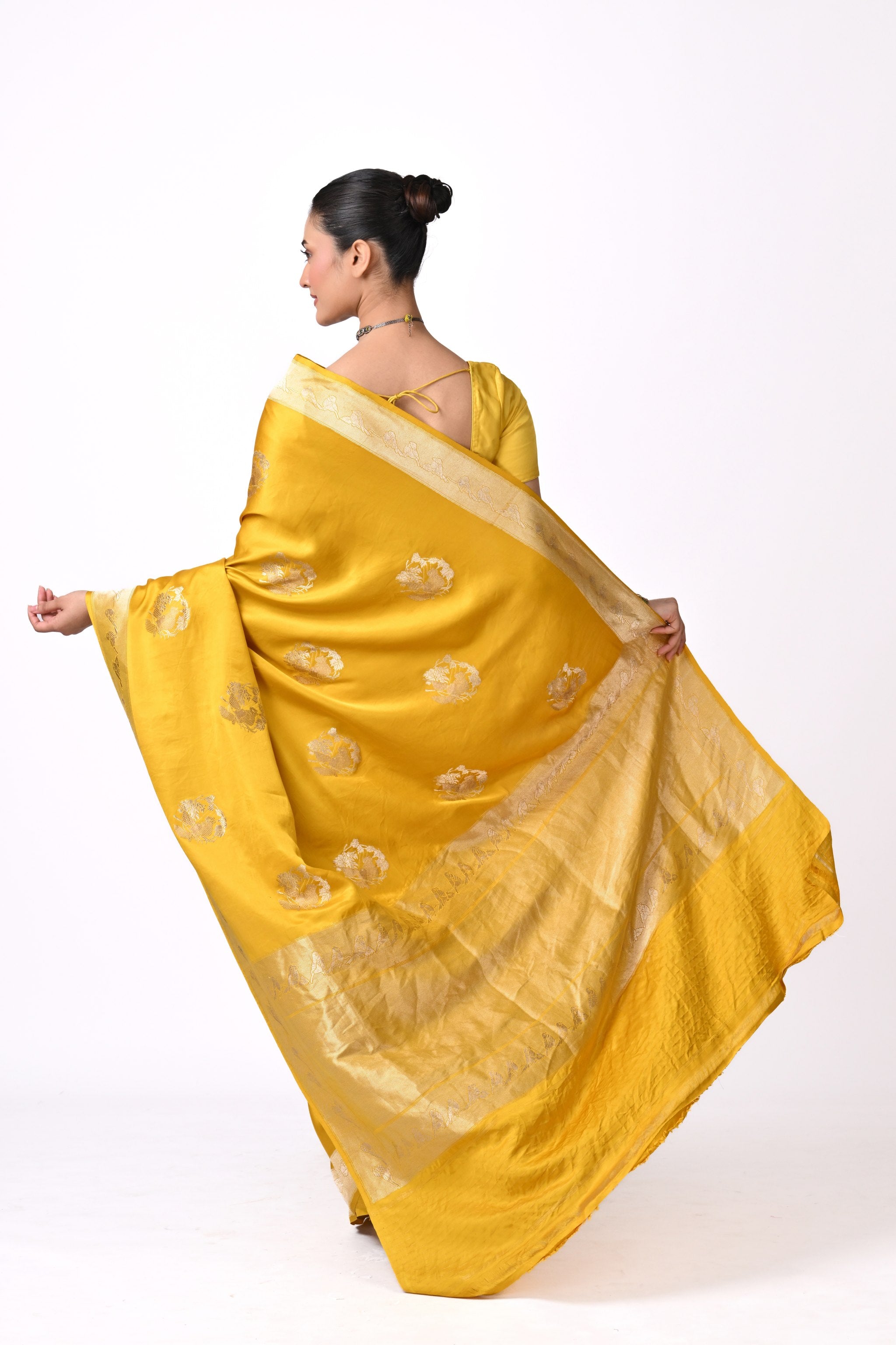 Yellow Pure Katan Silk  Saree with Medallion Motif