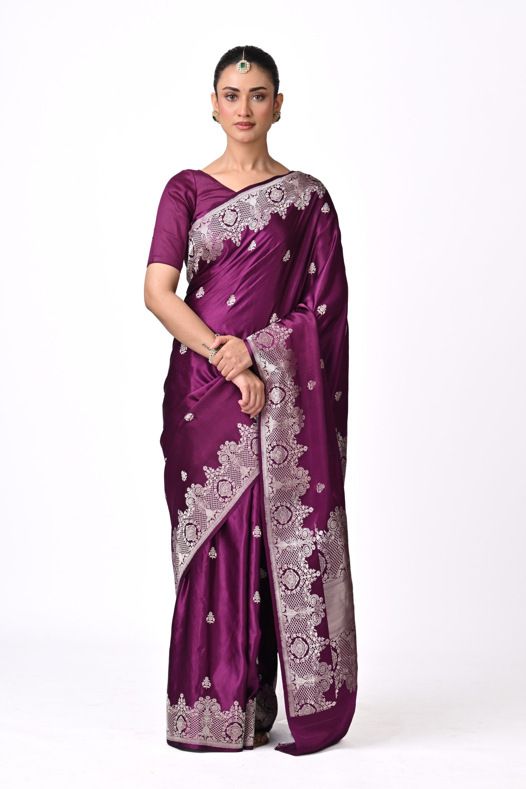 Deep Purple Pure Katan Silk Banarasi Saree
