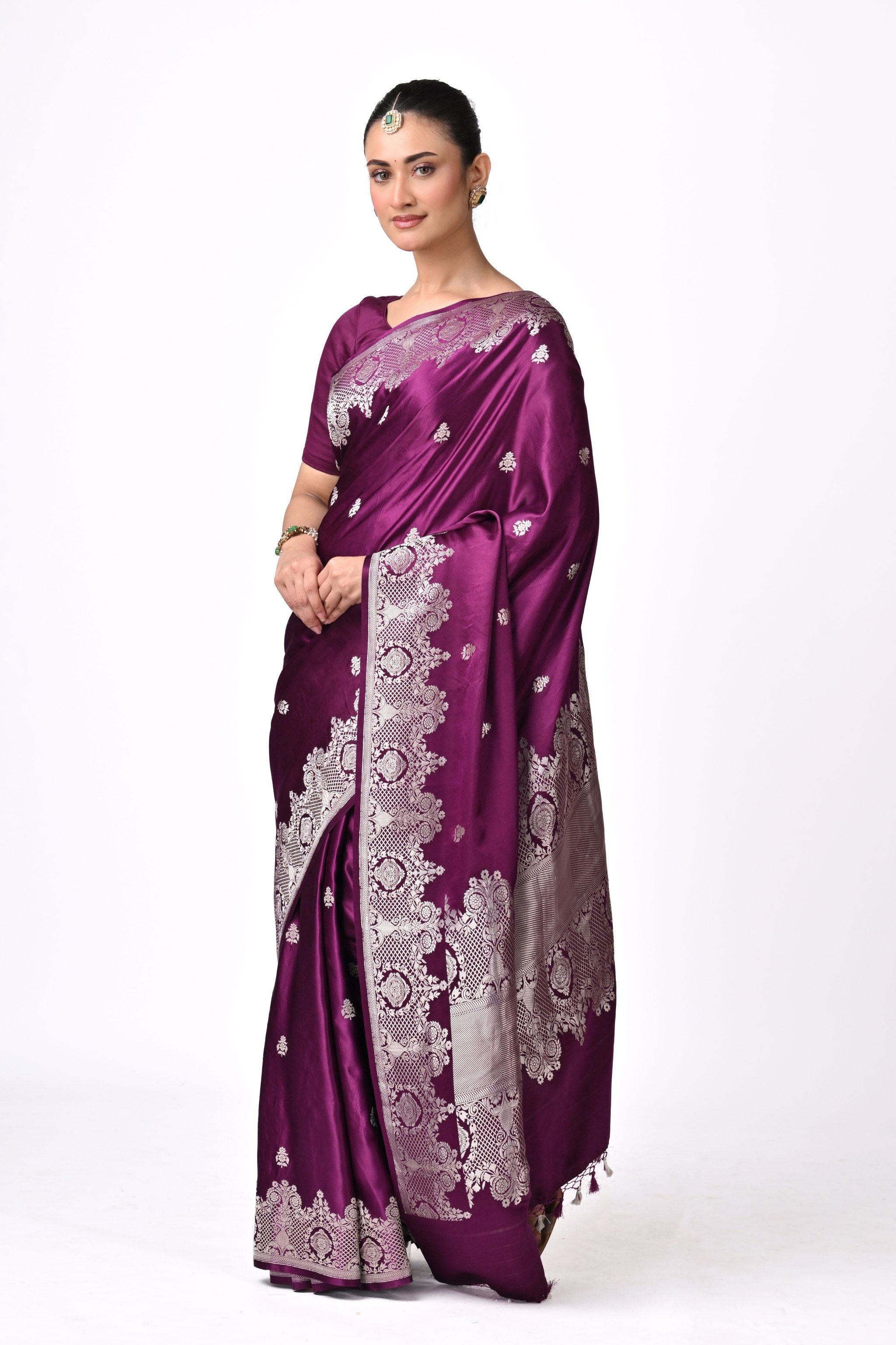 Deep Purple Pure Katan Silk Banarasi Saree