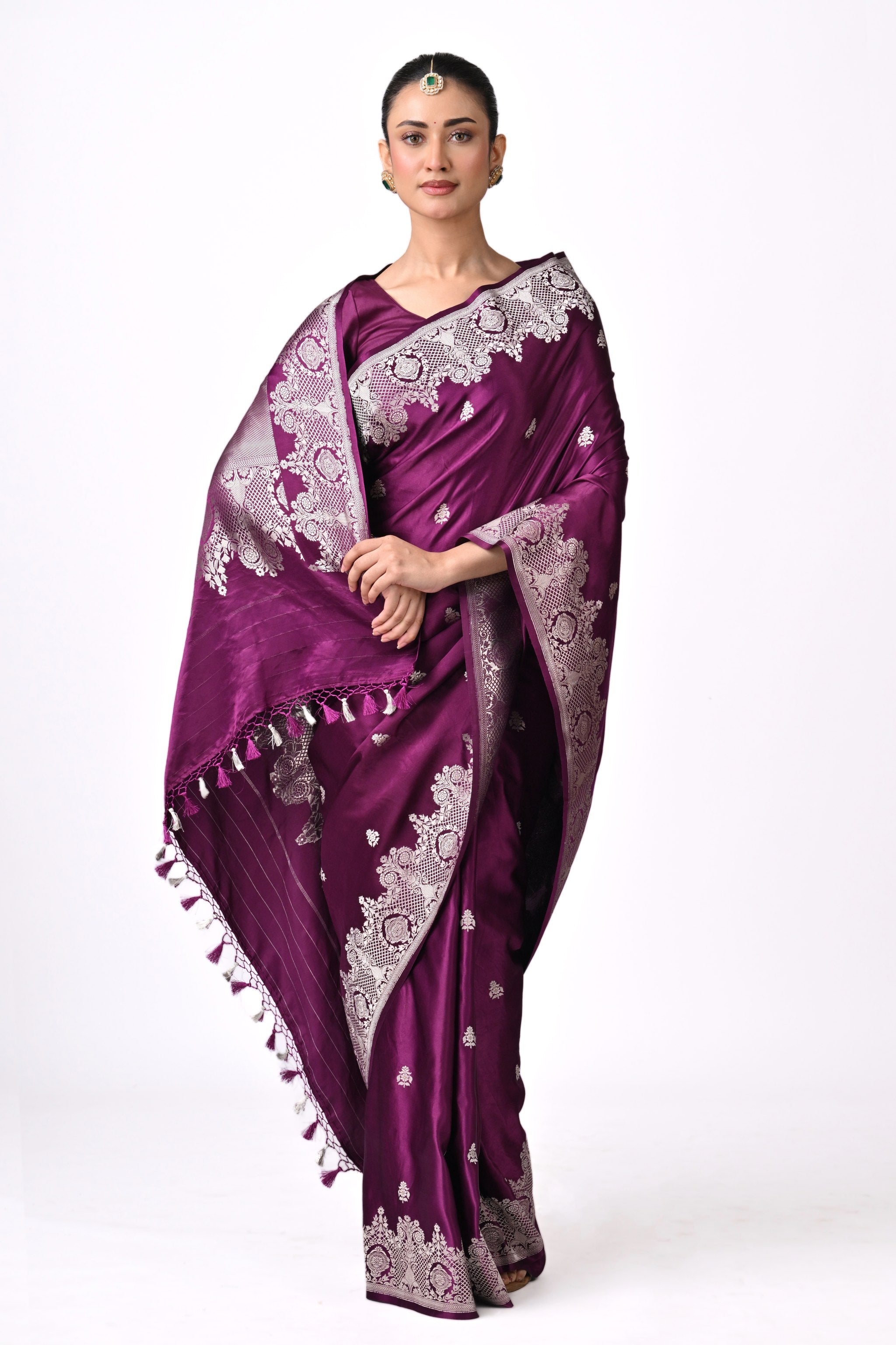 Deep Purple Pure Katan Silk Banarasi Saree