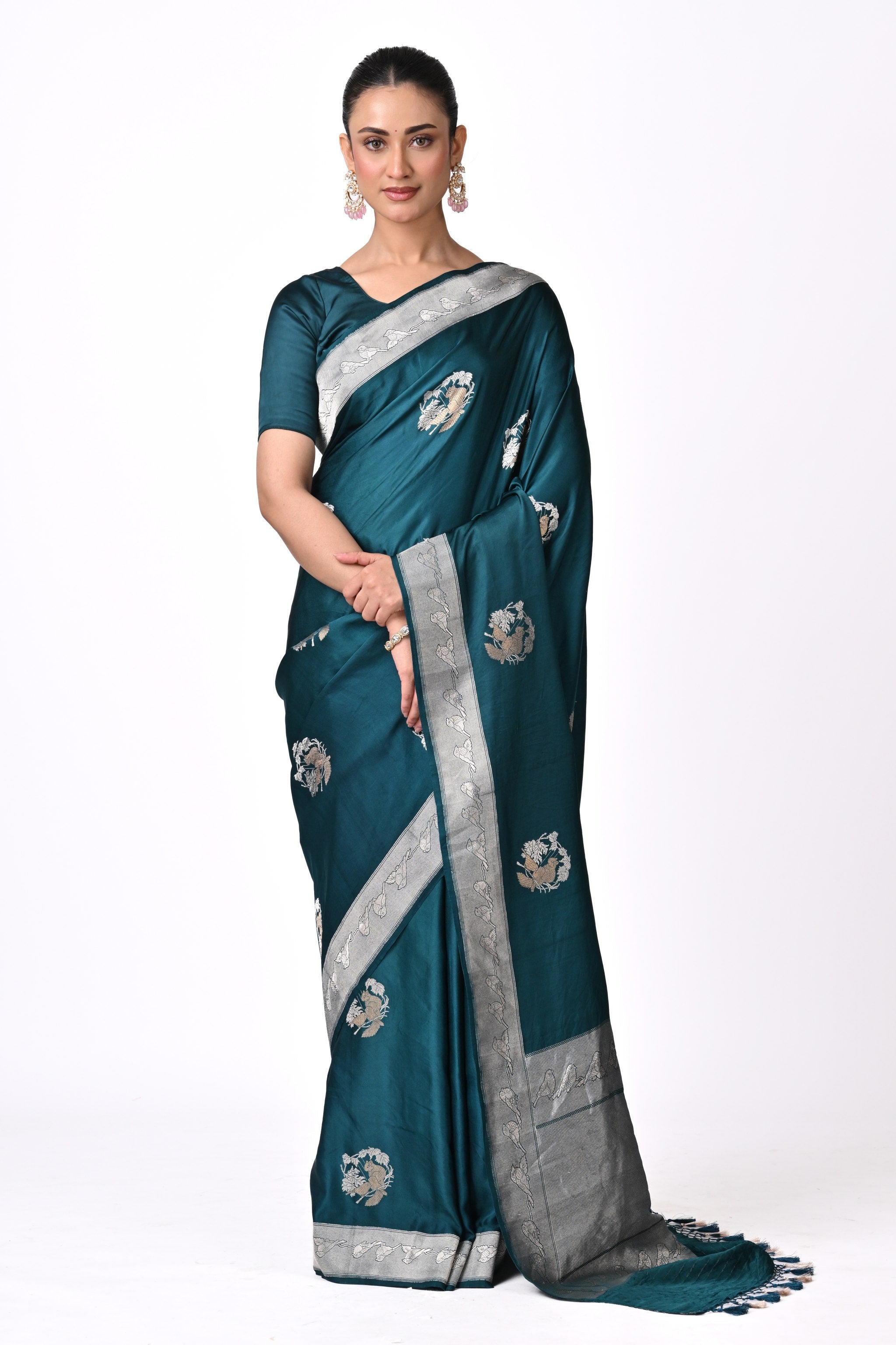 Teal Pure Katan Silk Saree with Silver Zari Border