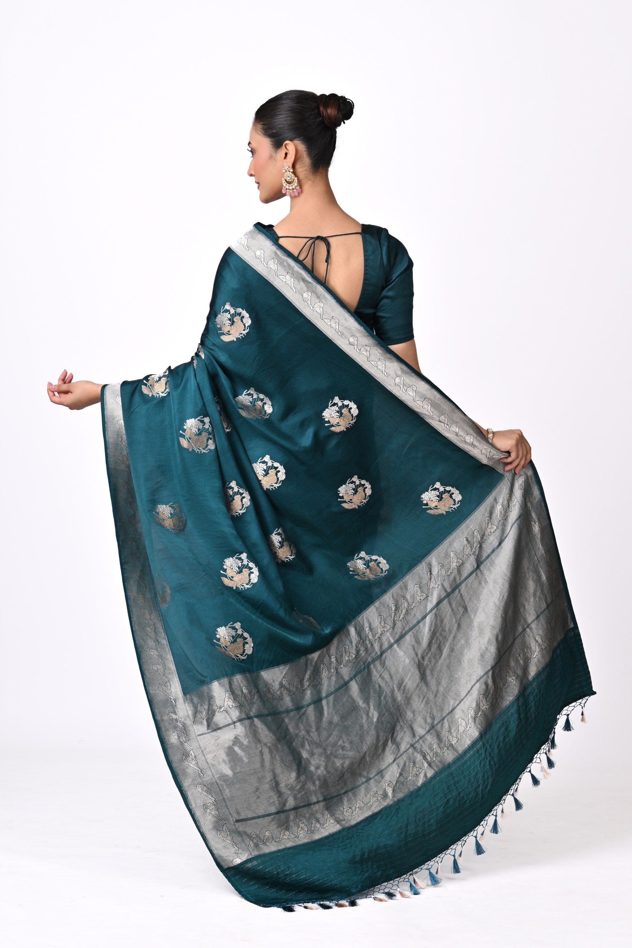 Teal Pure Katan Silk Saree with Silver Zari Border