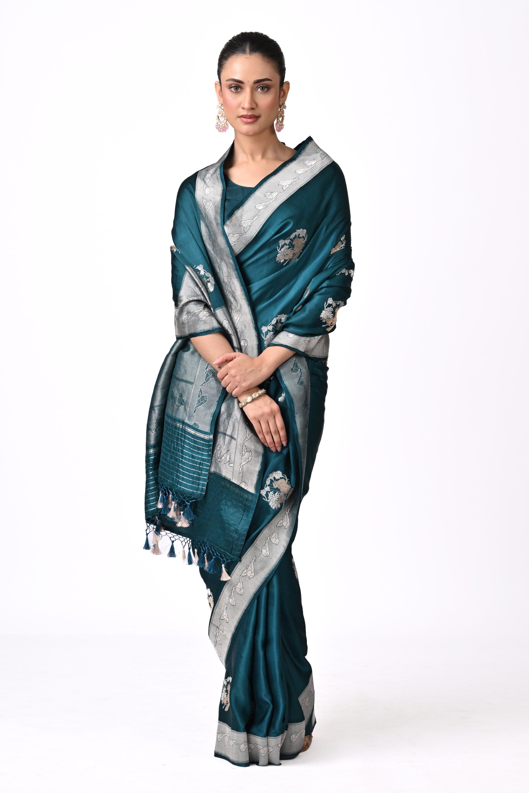 Teal Pure Katan Silk Saree with Silver Zari Border