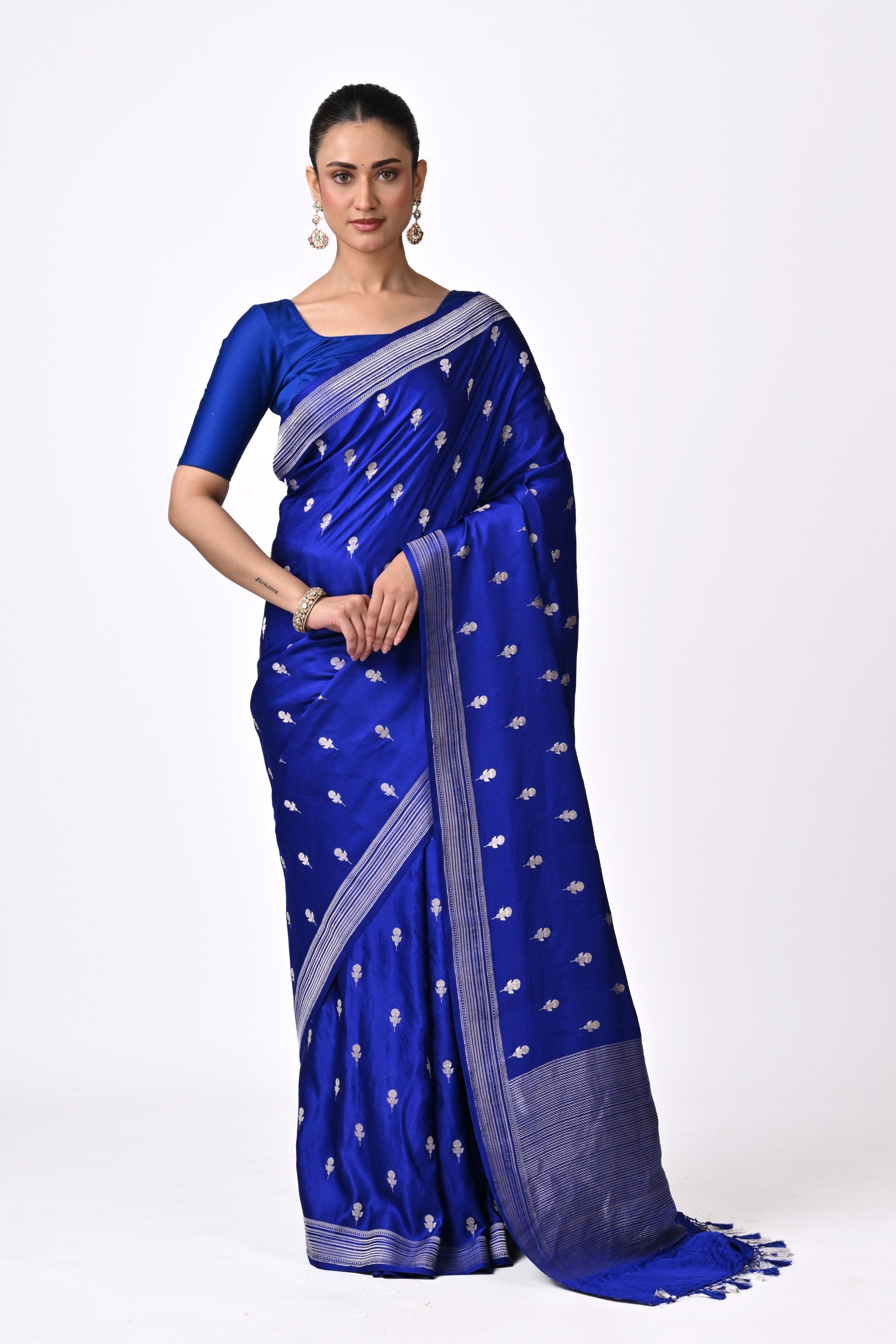 Cobalt Blue Pure Katan Silk Saree with Silver Zari Butis