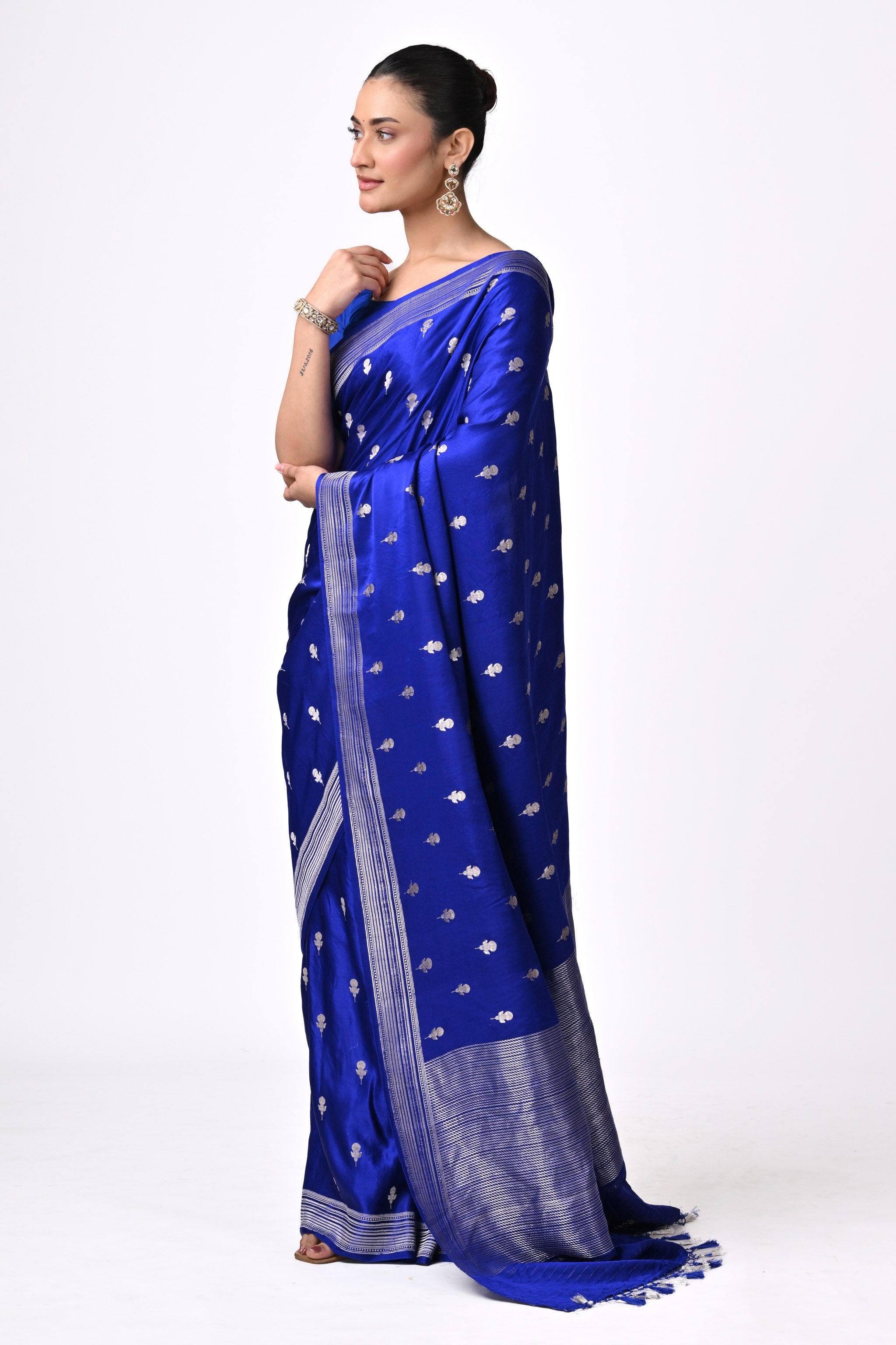 Cobalt Blue Pure Katan Silk Saree with Silver Zari Butis