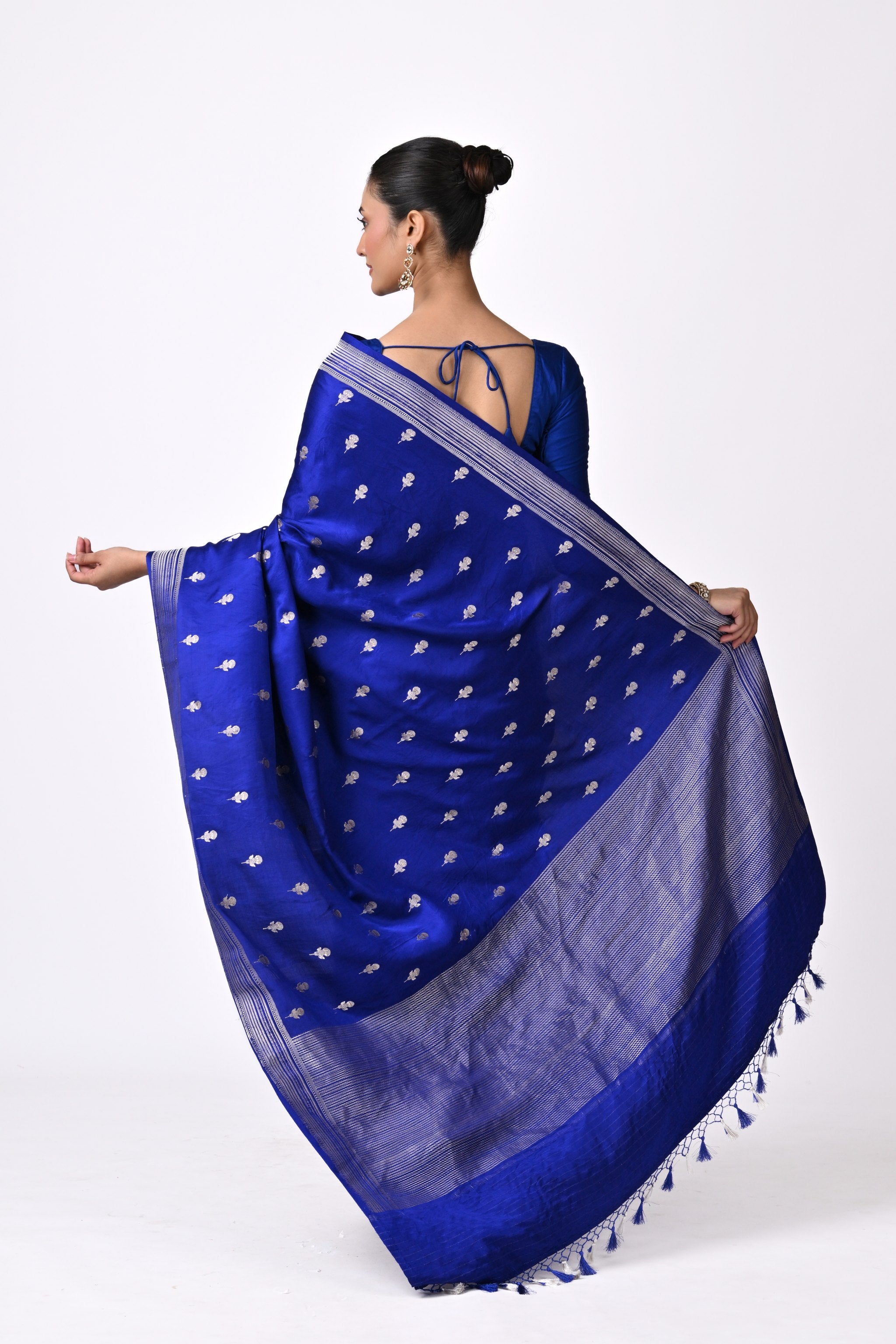 Cobalt Blue Pure Katan Silk Saree with Silver Zari Butis