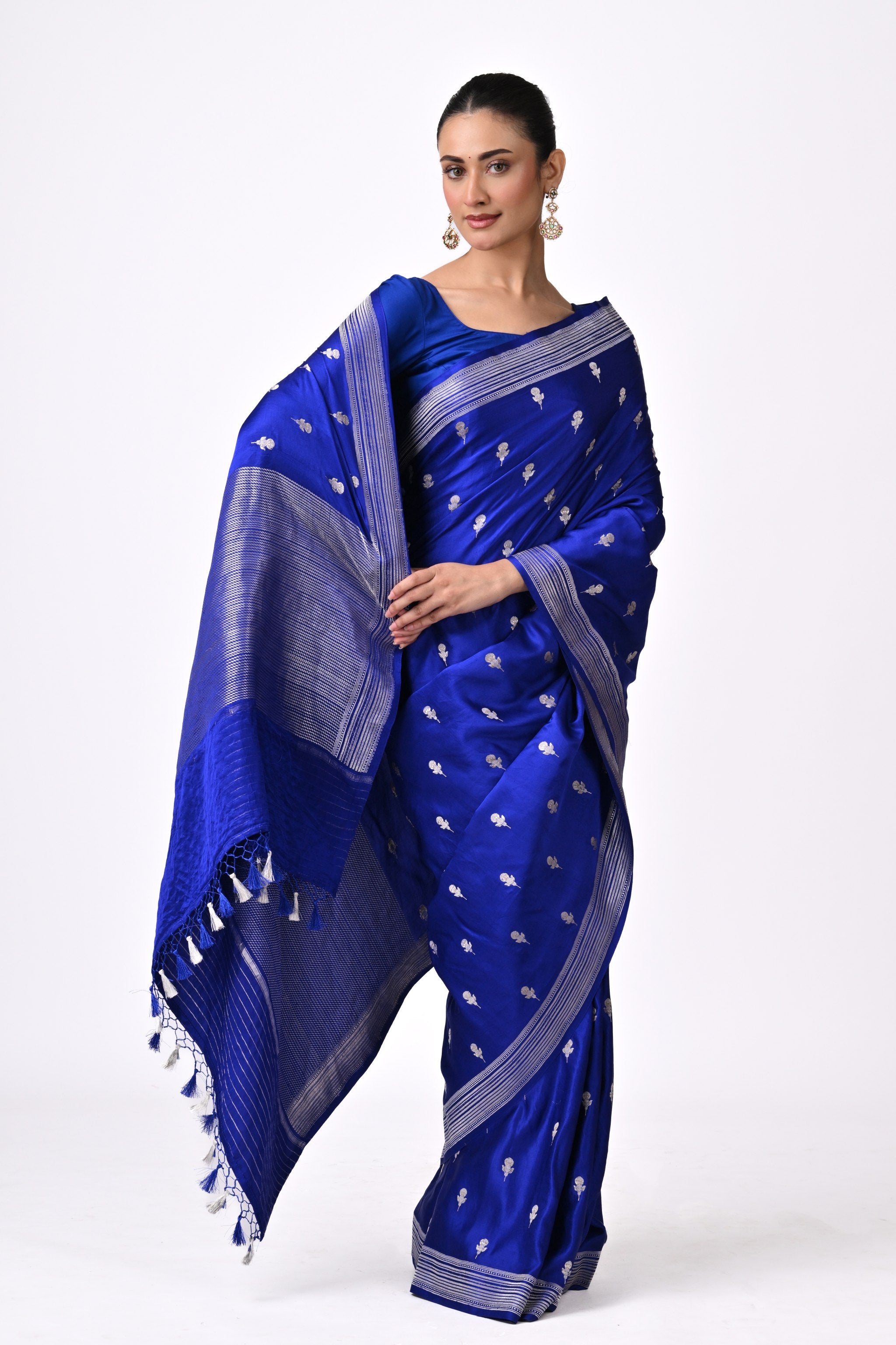 Cobalt Blue Pure Katan Silk Saree with Silver Zari Butis