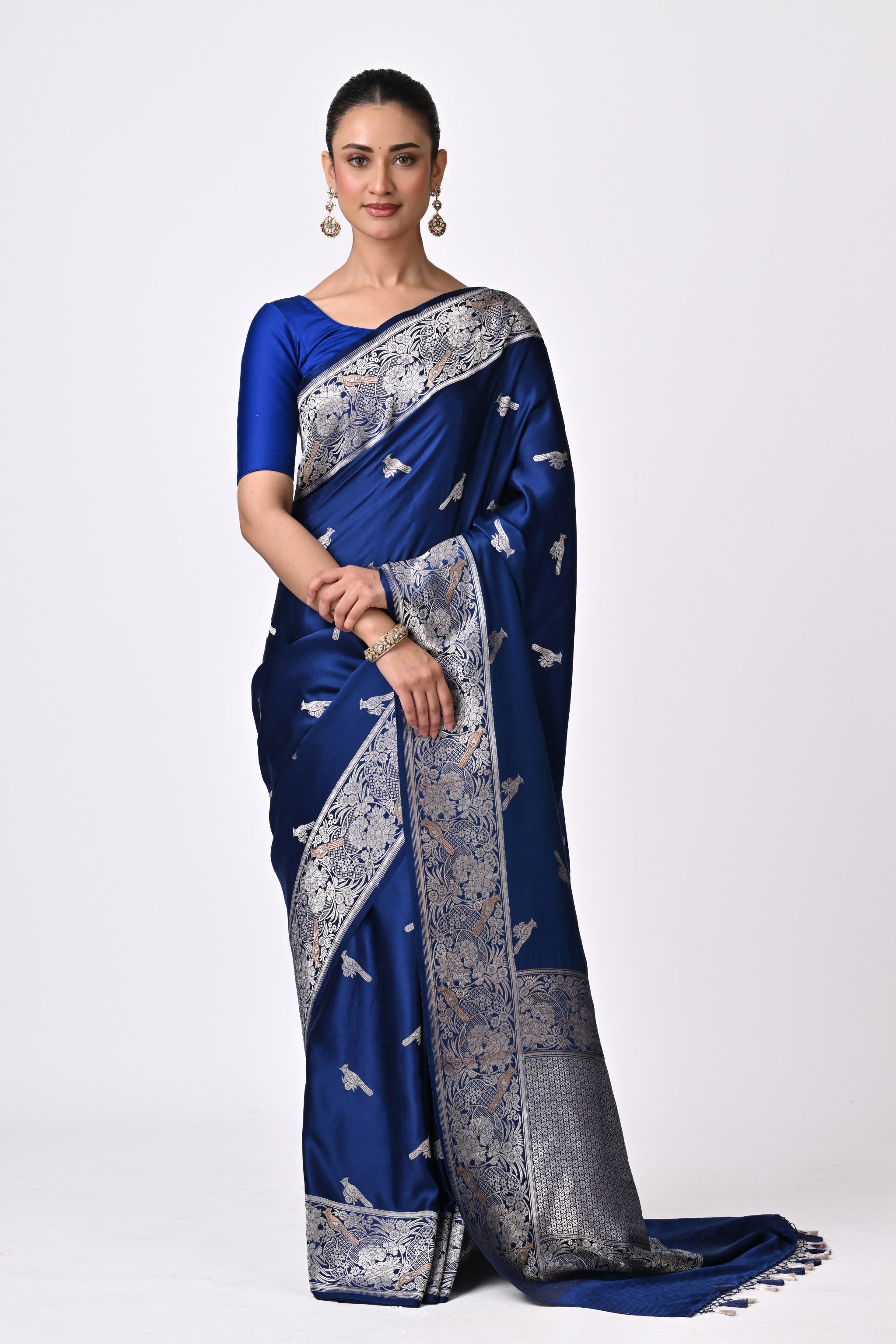 Royal Blue Pure Katan Silk Saree with Bird Motifs