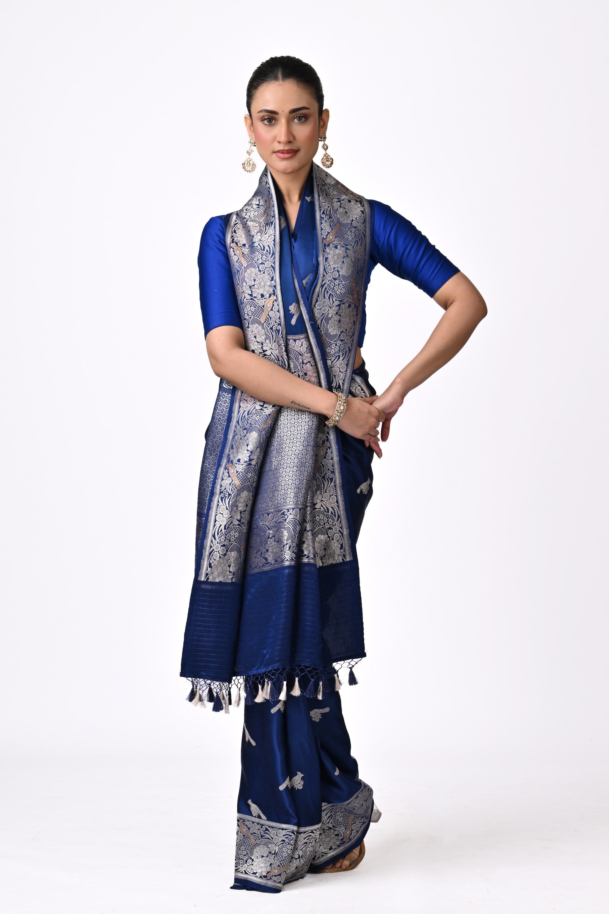 Royal Blue Pure Katan Silk Saree with Bird Motifs