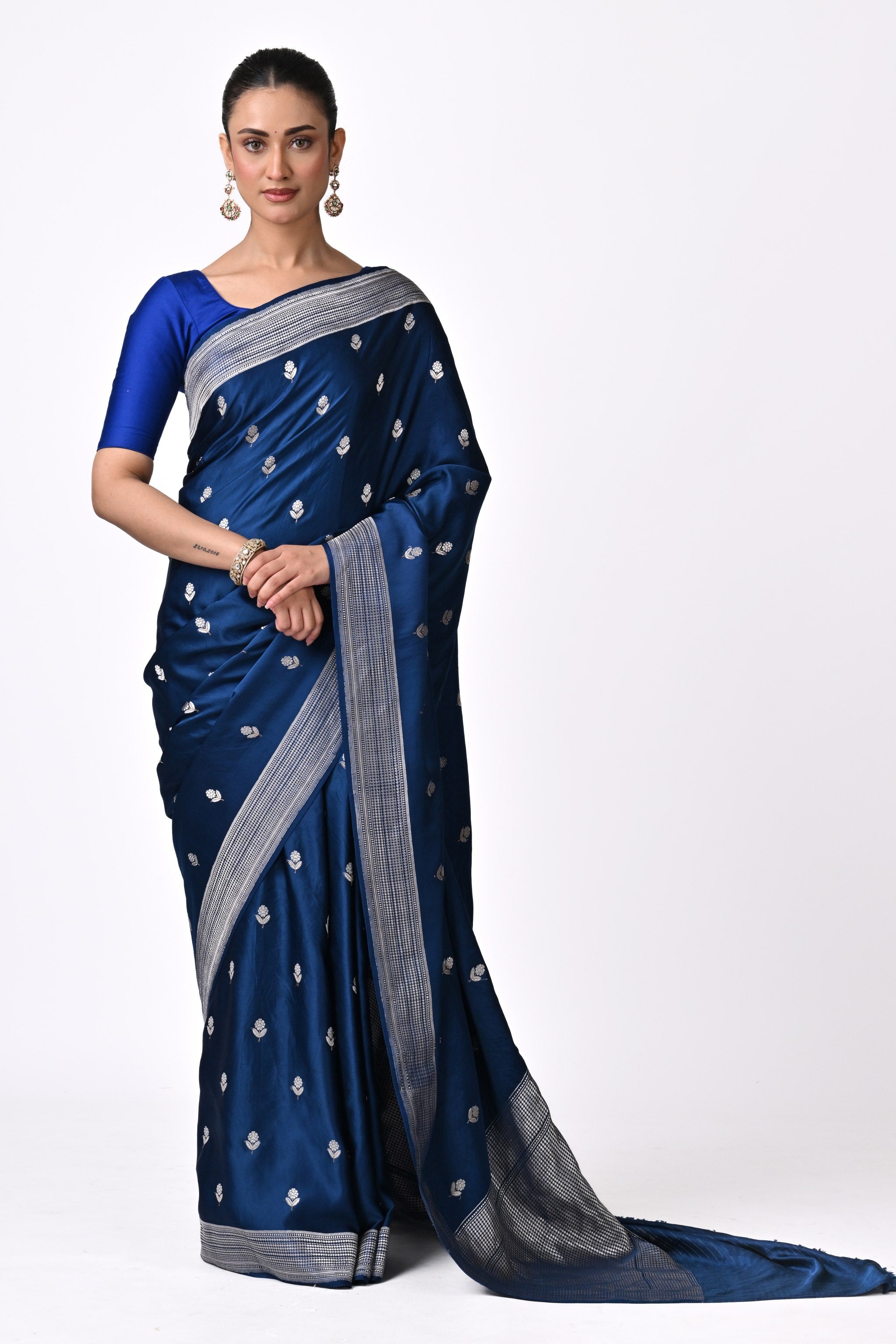 Blue Pure Katan Silk Saree with Silver Floral Butis