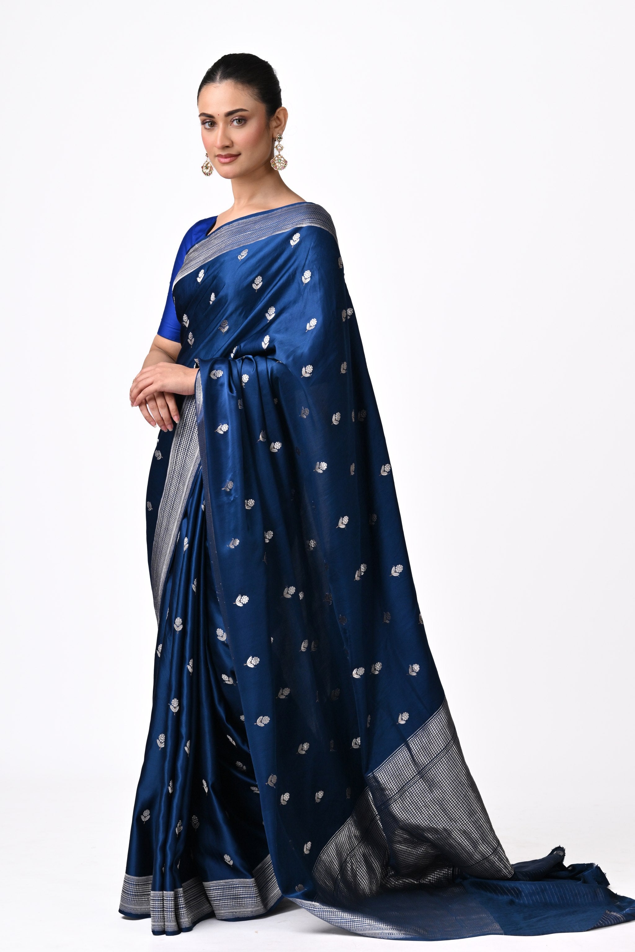 Blue Pure Katan Silk Saree with Silver Floral Butis