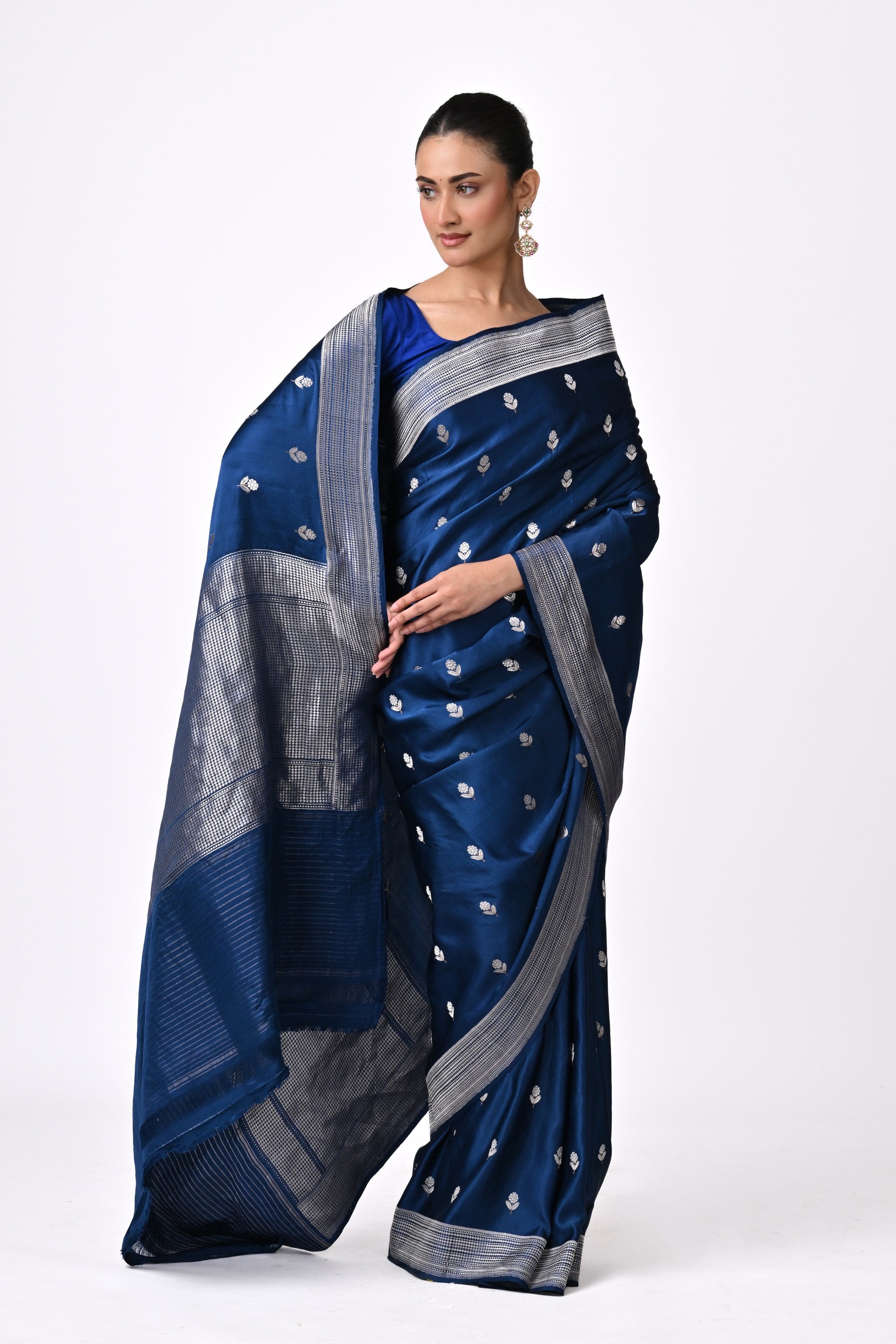 Blue Pure Katan Silk Saree with Silver Floral Butis
