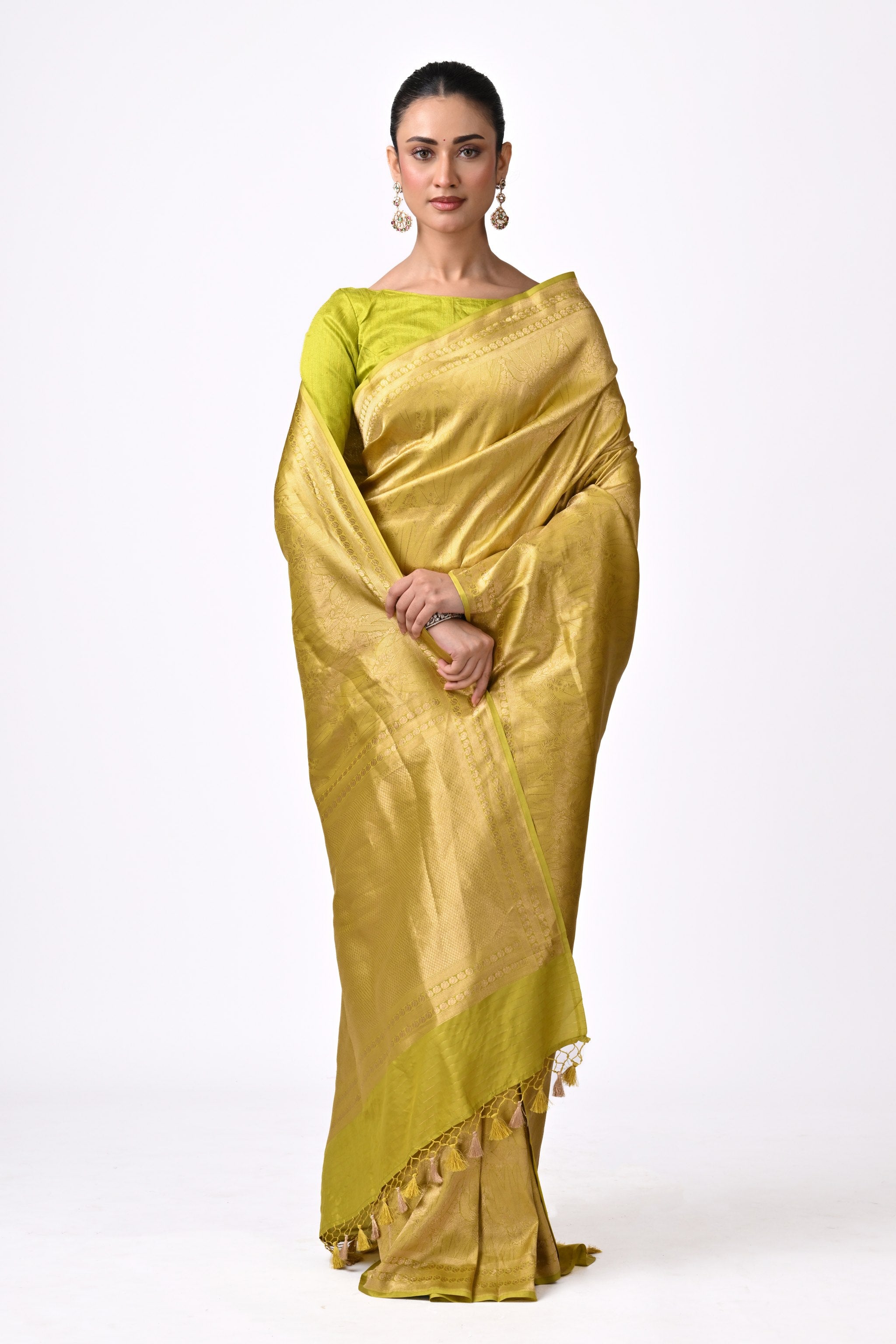 Olive Gold Pure Katan Silk Brocade Saree
