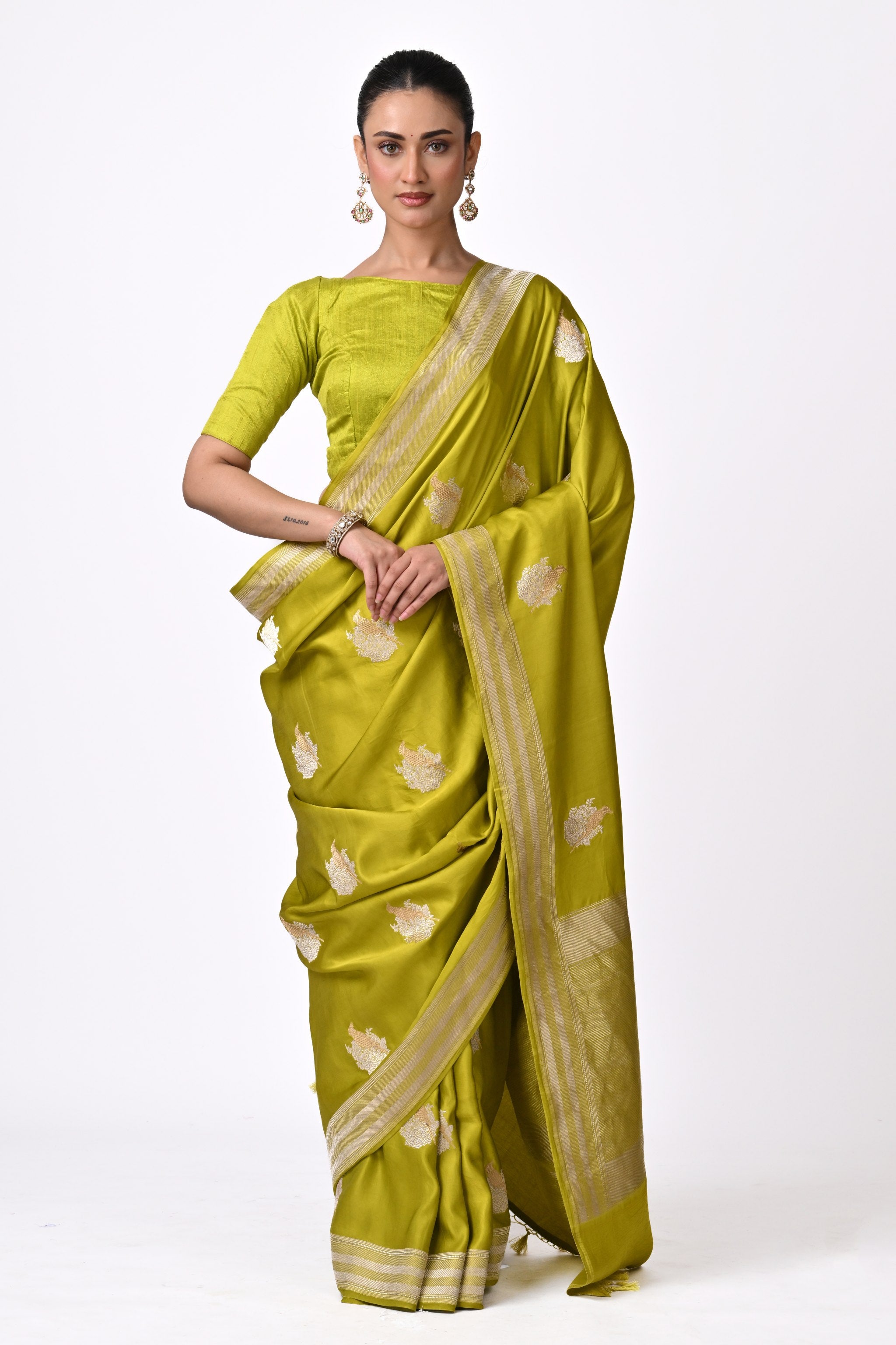 Olive Green Silk Saree with Gold Motifs