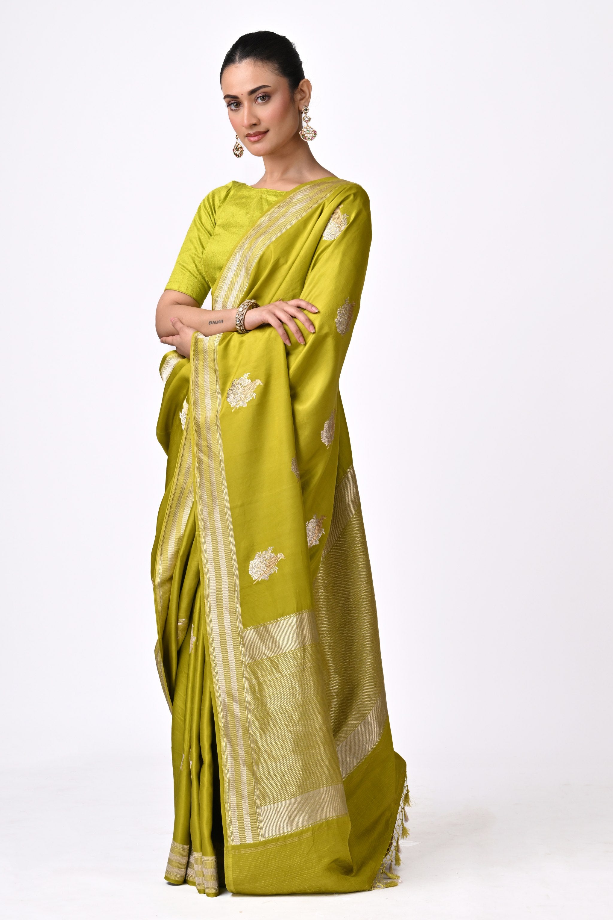 Olive Green Silk Saree with Gold Motifs