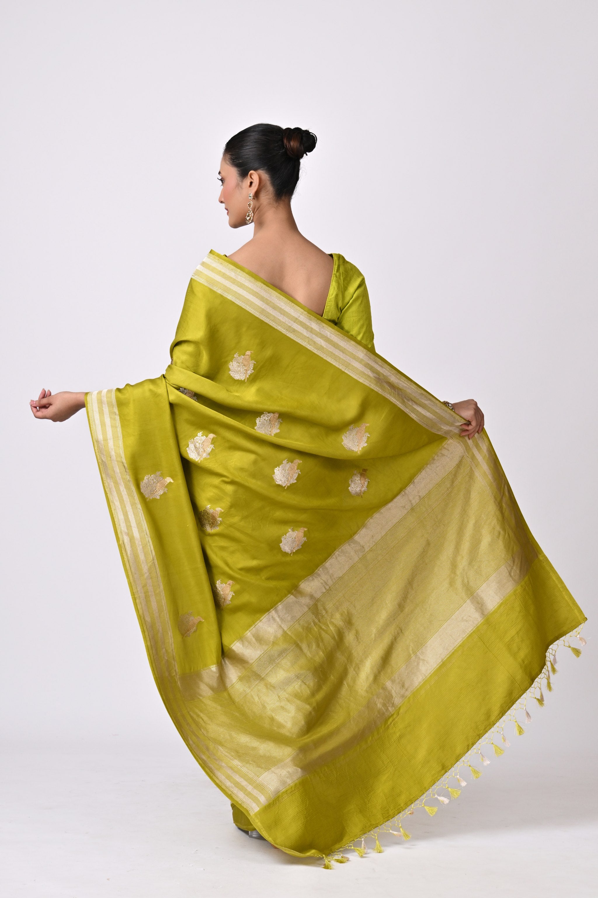 Olive Green Silk Saree with Gold Motifs