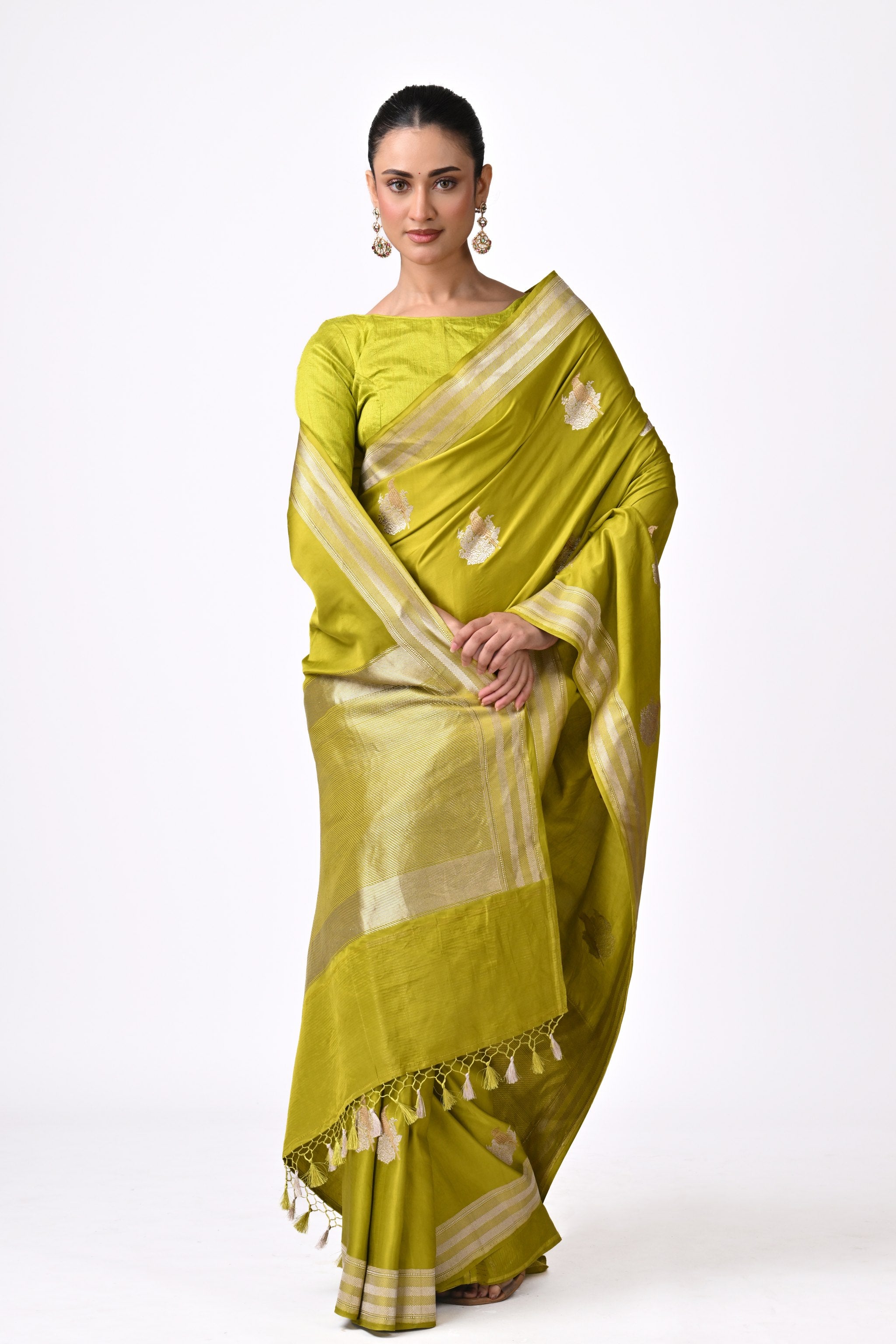 Olive Green Silk Saree with Gold Motifs