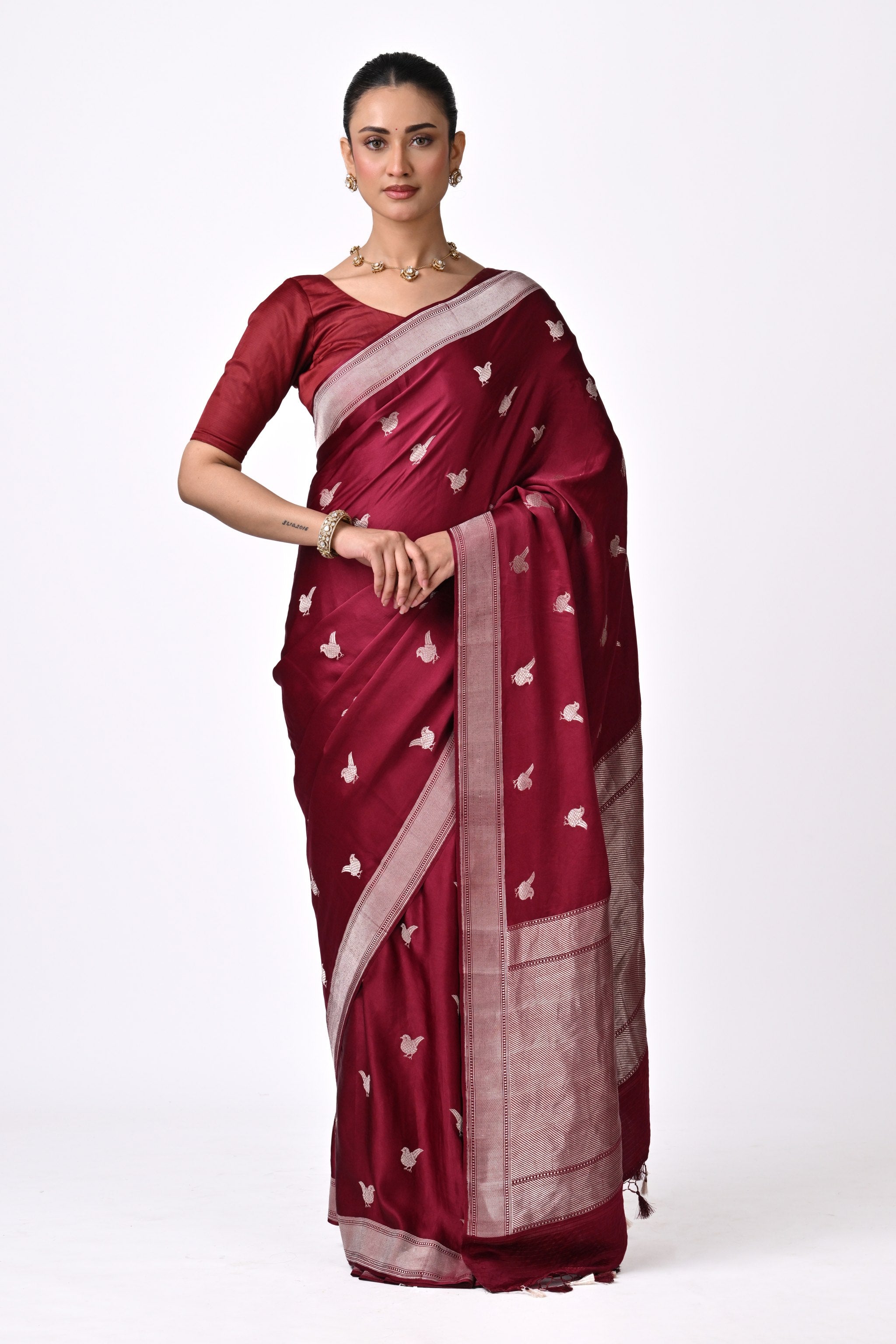 Maroon Silk Saree with Silver Bird Motifs