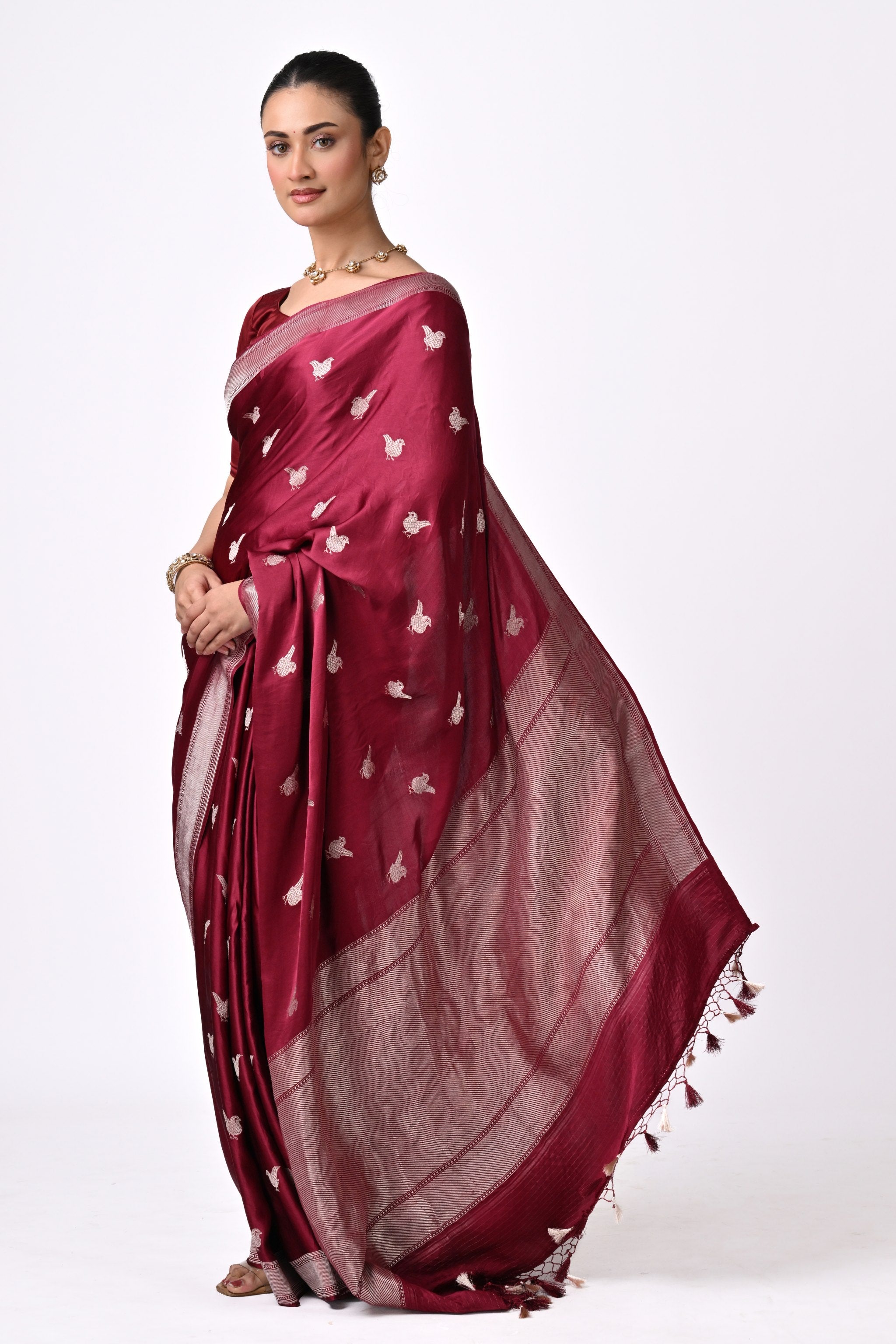 Maroon Silk Saree with Silver Bird Motifs