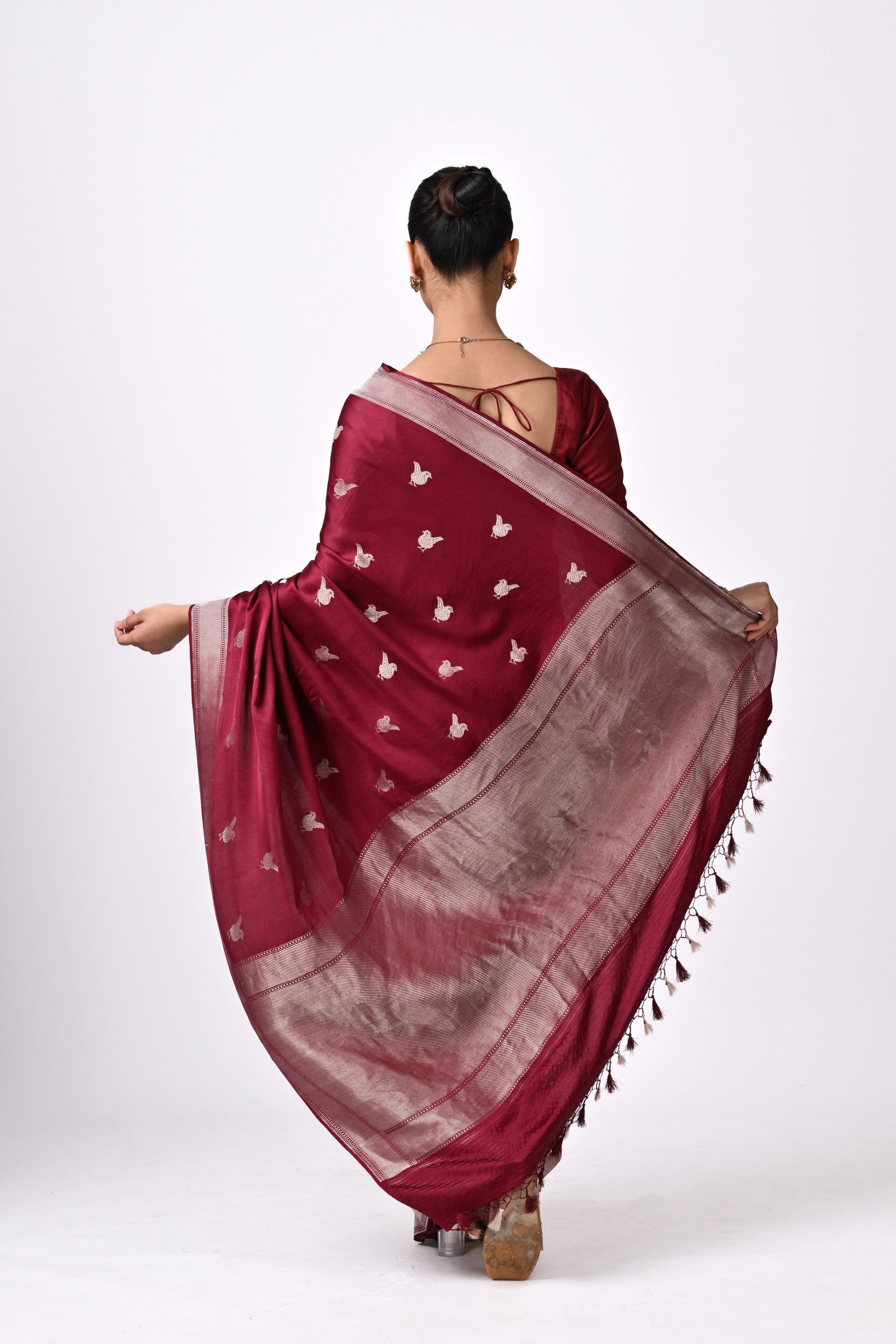 Maroon Silk Saree with Silver Bird Motifs