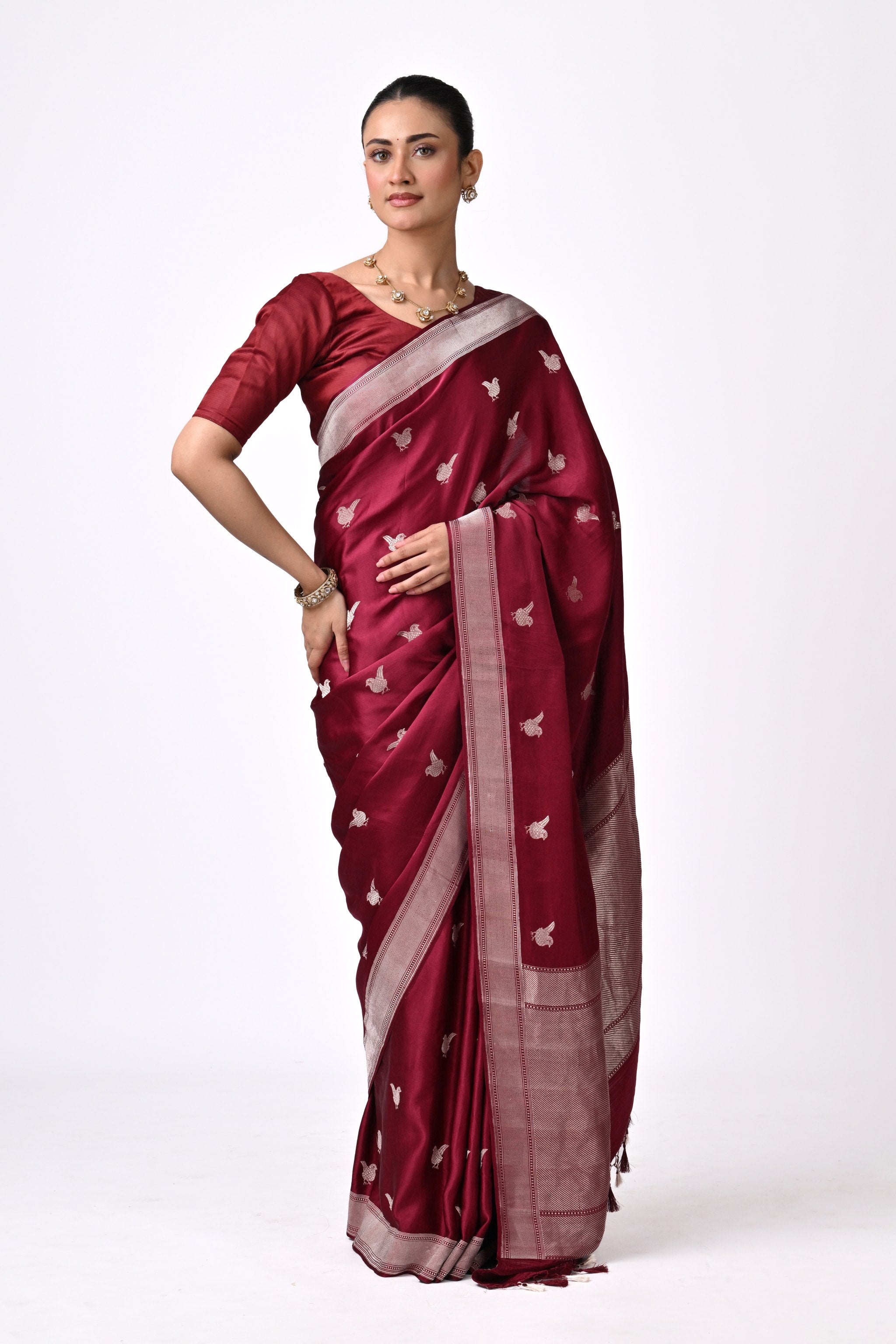 Maroon Silk Saree with Silver Bird Motifs