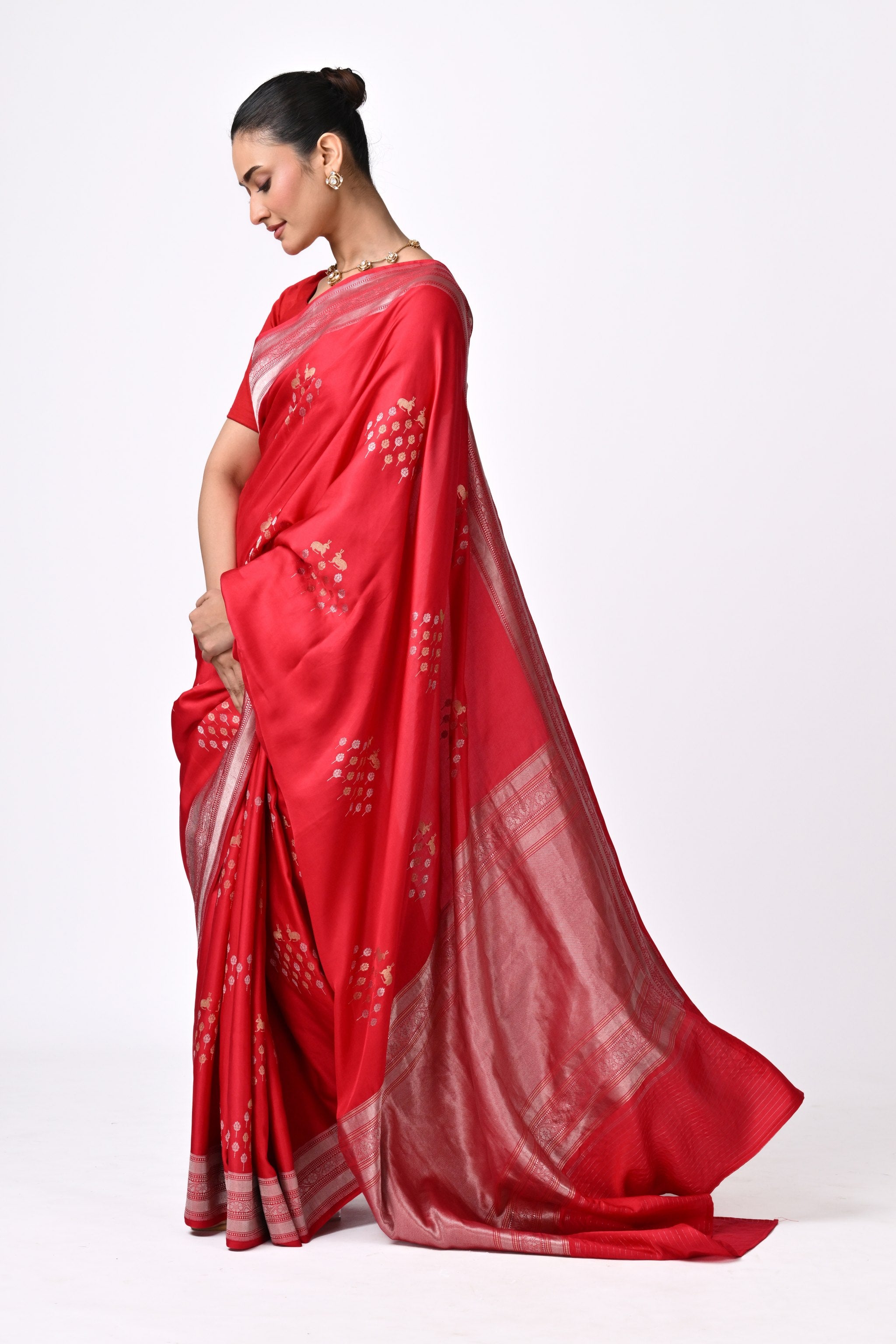 Crimson Red Silk Saree with Geometric Butis