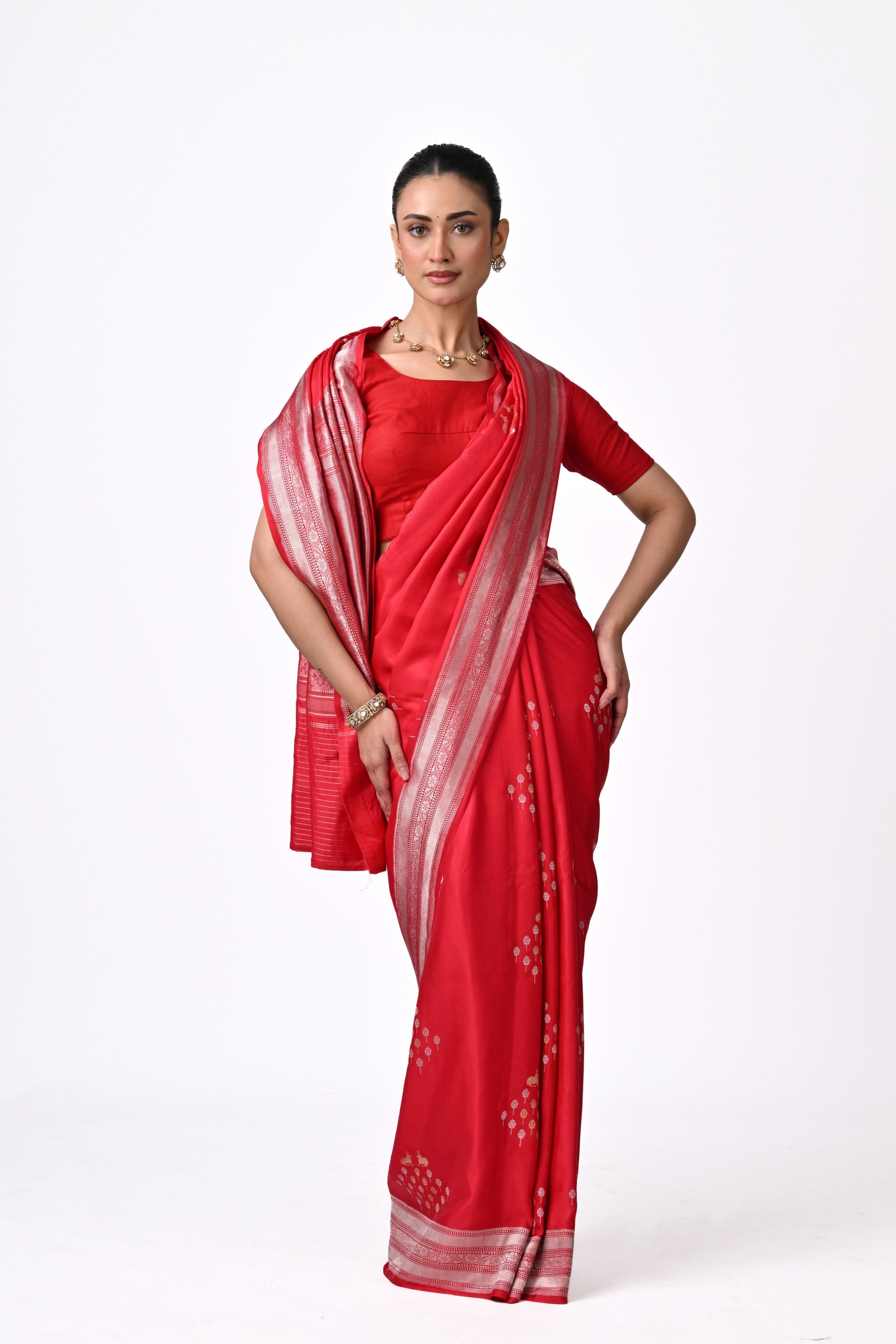 Crimson Red Silk Saree with Geometric Butis