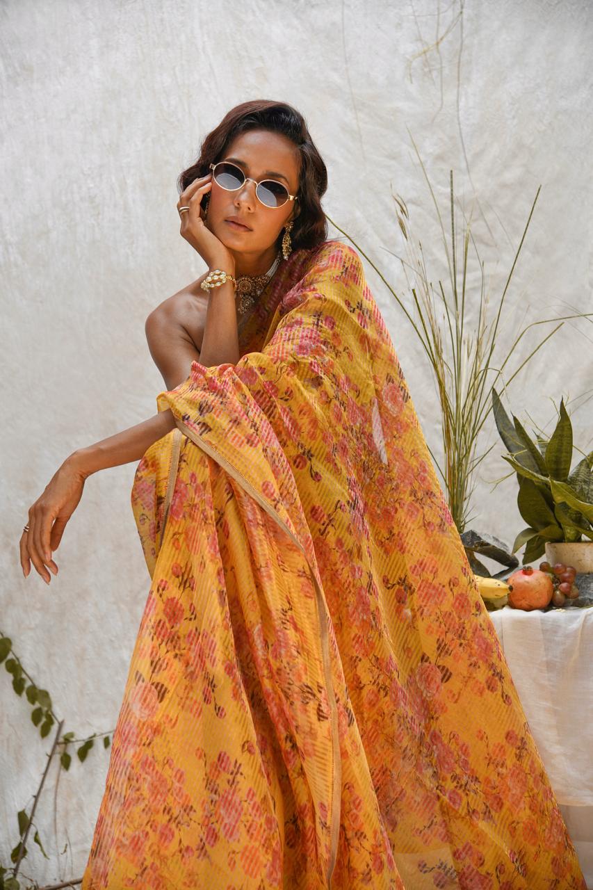 Floral Golden Organza