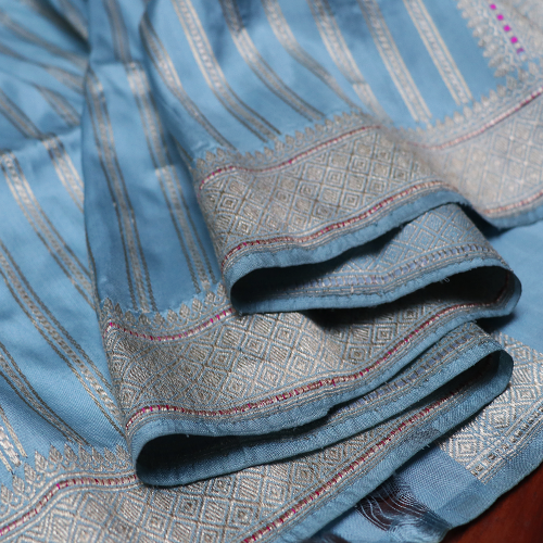 Powder blue handloom banarasi with silver stripped pattern zari work ...